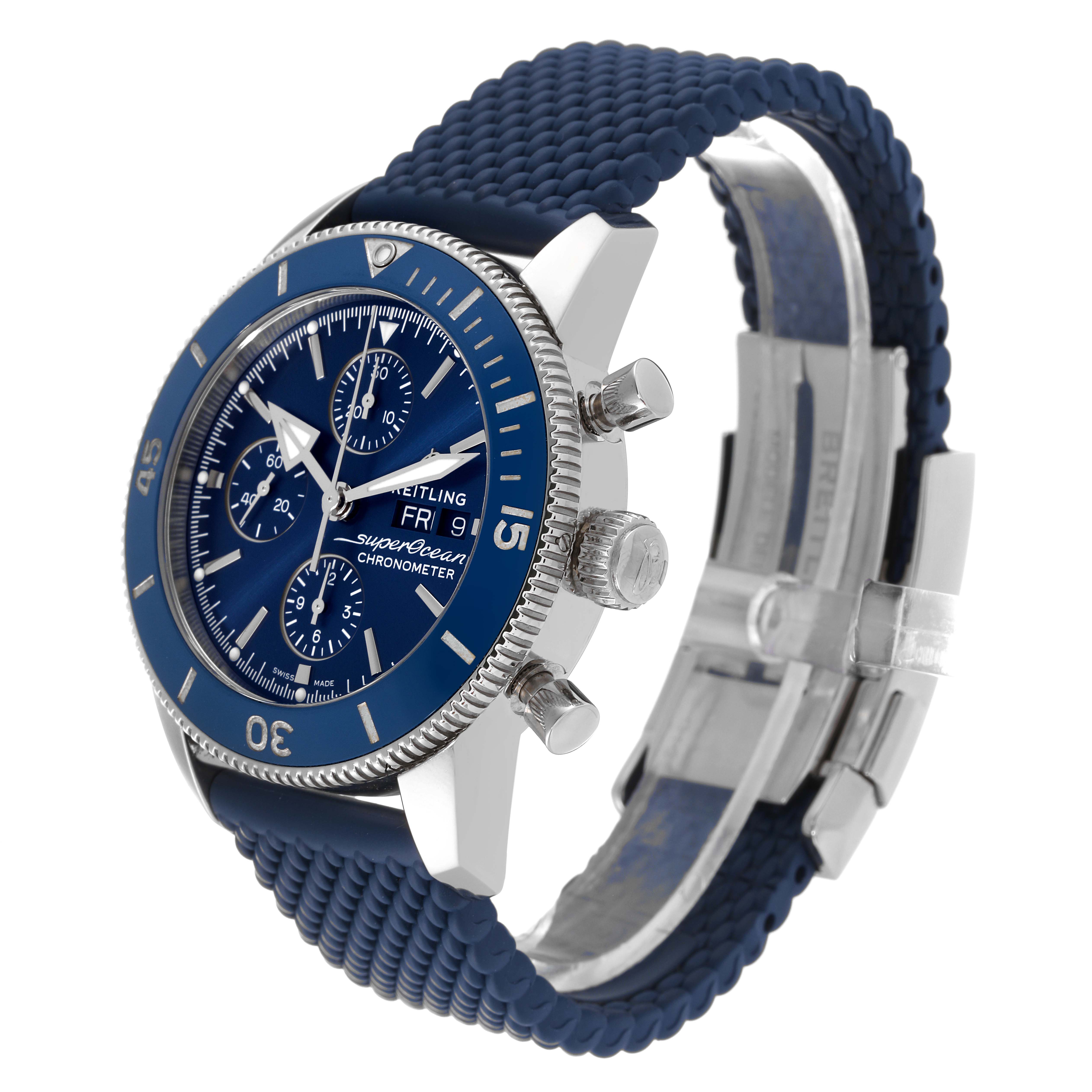 The Superocean model by Breitling is shown from a front-left angle, displaying the dial, bezel, crown, pushers, and blue rubber strap.