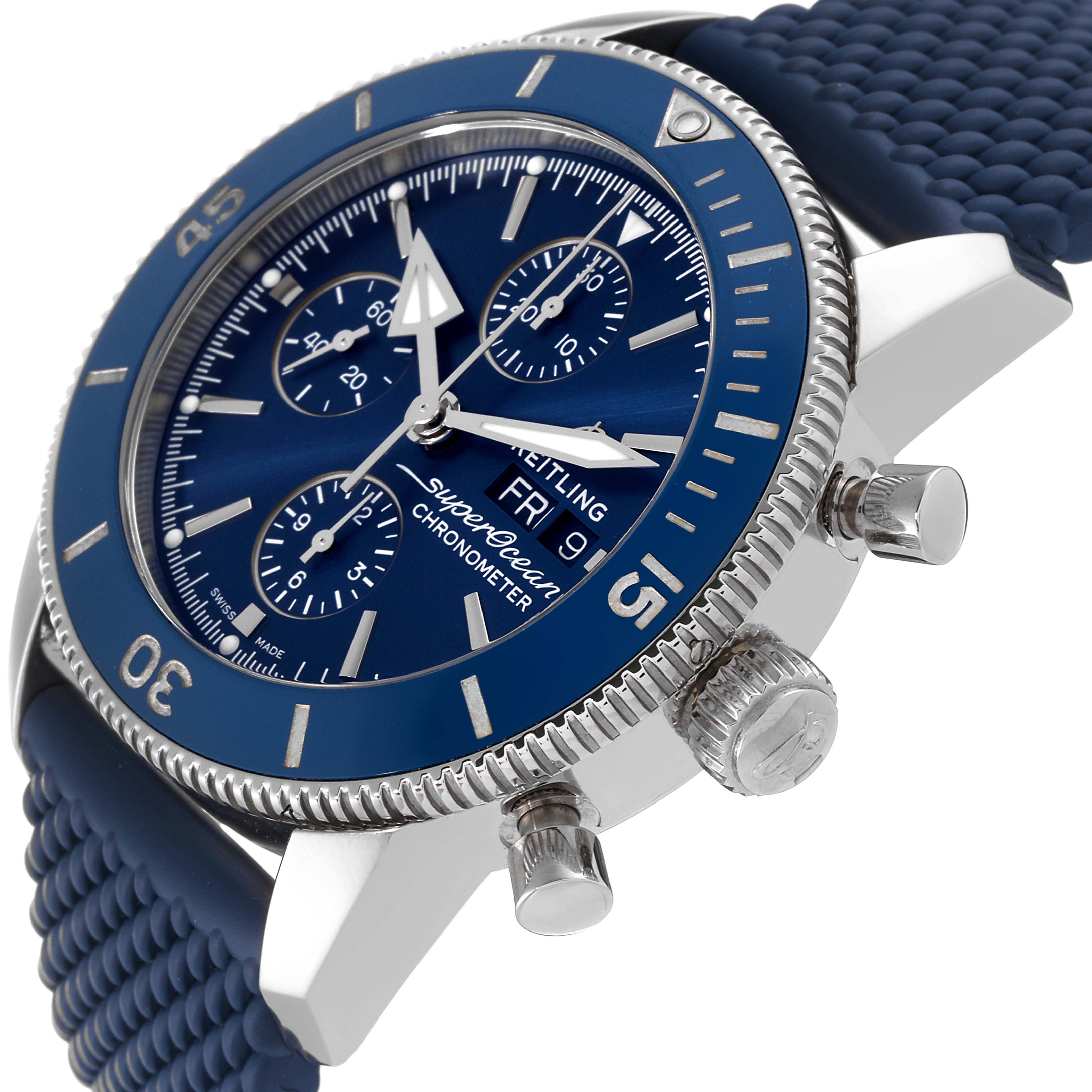 The image shows a Breitling Superocean A13313 Men's Stainless Steel Blue Dial A13313 Men's Stainless Steel Blue Dial watch from an angled side view, highlighting the crown, pushers, dial, and bezel.