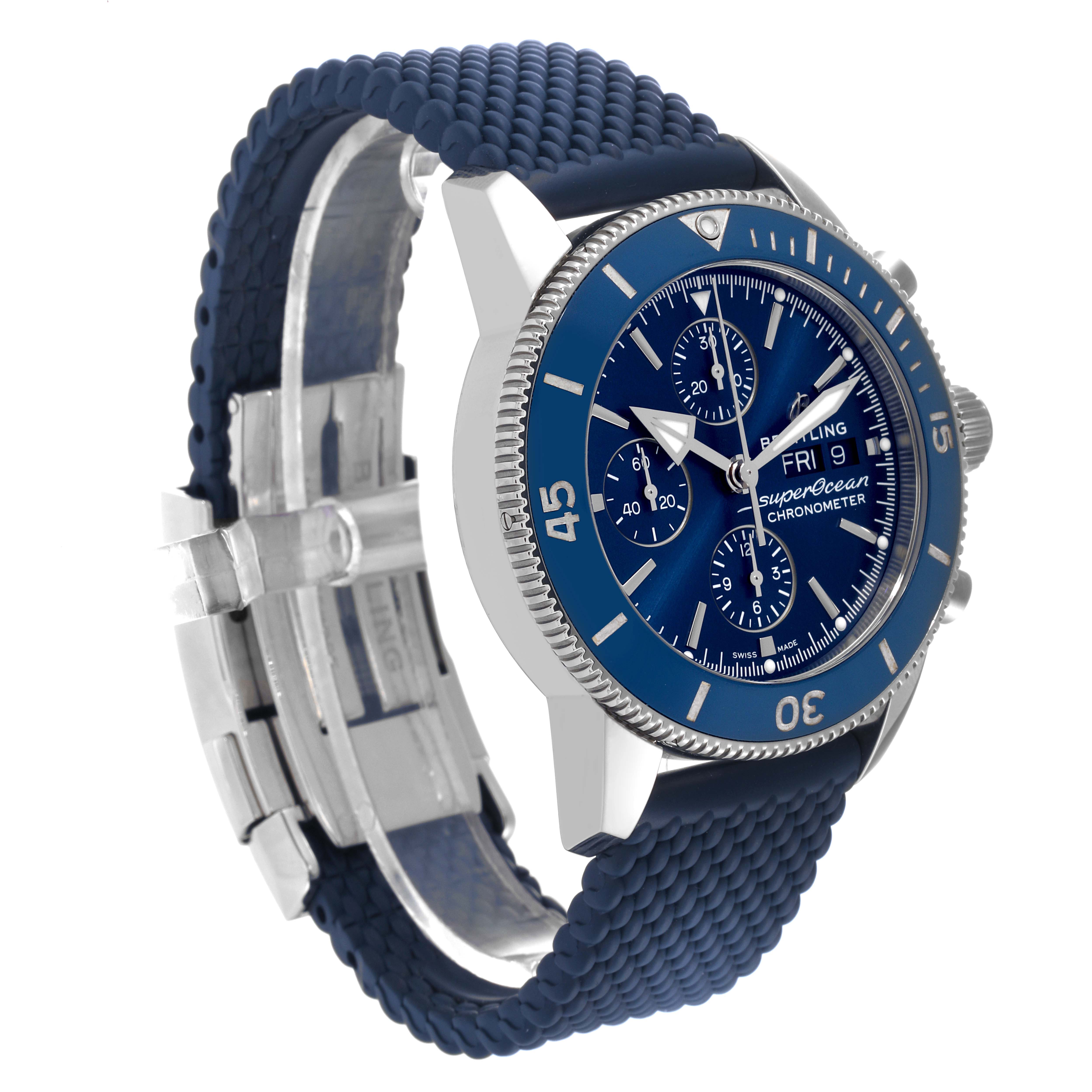 The image shows a Breitling Superocean A13313 Men's Stainless Steel Blue Dial A13313 Men's Stainless Steel Blue Dial watch at a slight angle, highlighting the dial, bezel, crown, and blue strap.