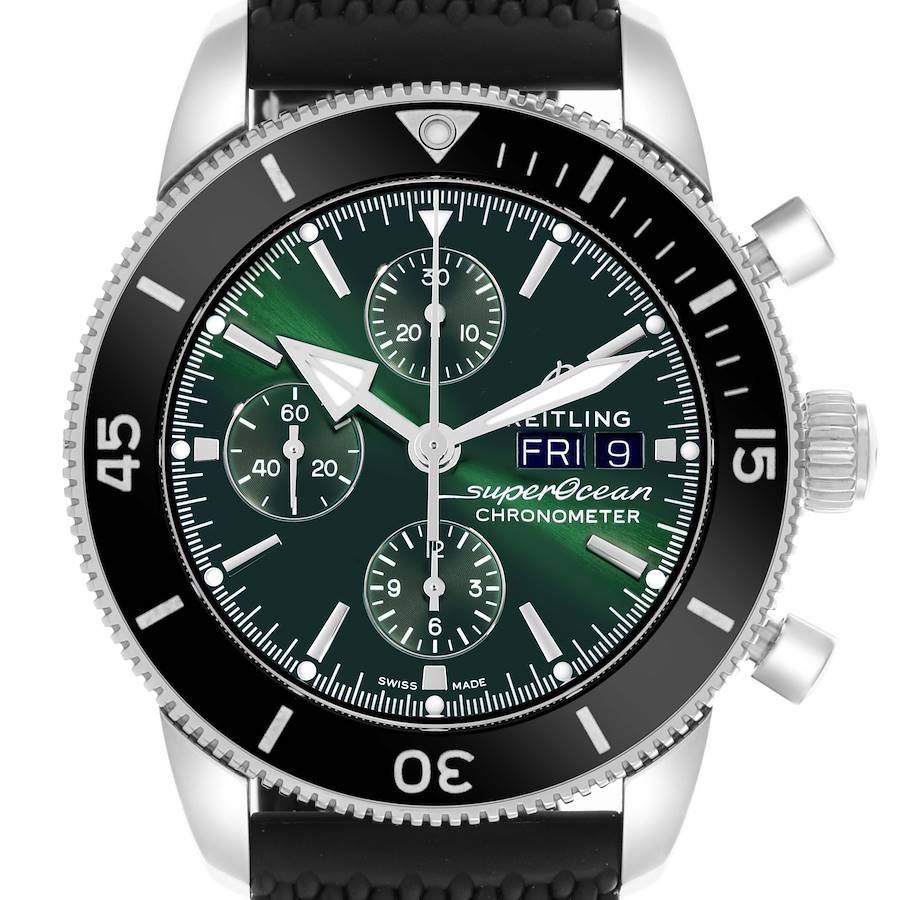 The Breitling Superocean watch is shown from a front angle, highlighting its green dial, chronograph subdials, and date display.