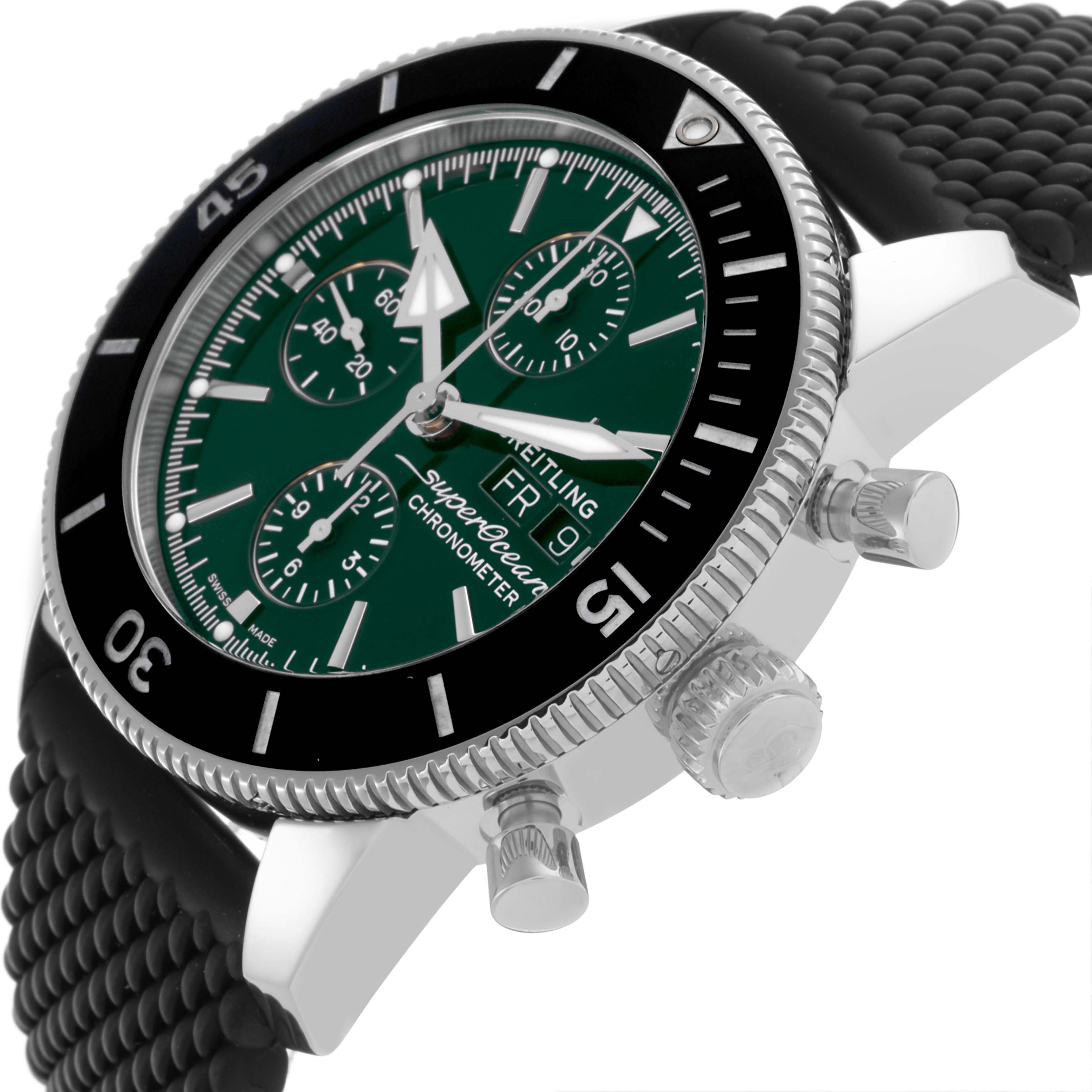 The Breitling Superocean A13313 Men's Stainless Steel Green Dial A13313 Men's Stainless Steel Green Dial watch is shown at a side angle, highlighting the bezel, crown, pushers, and strap.