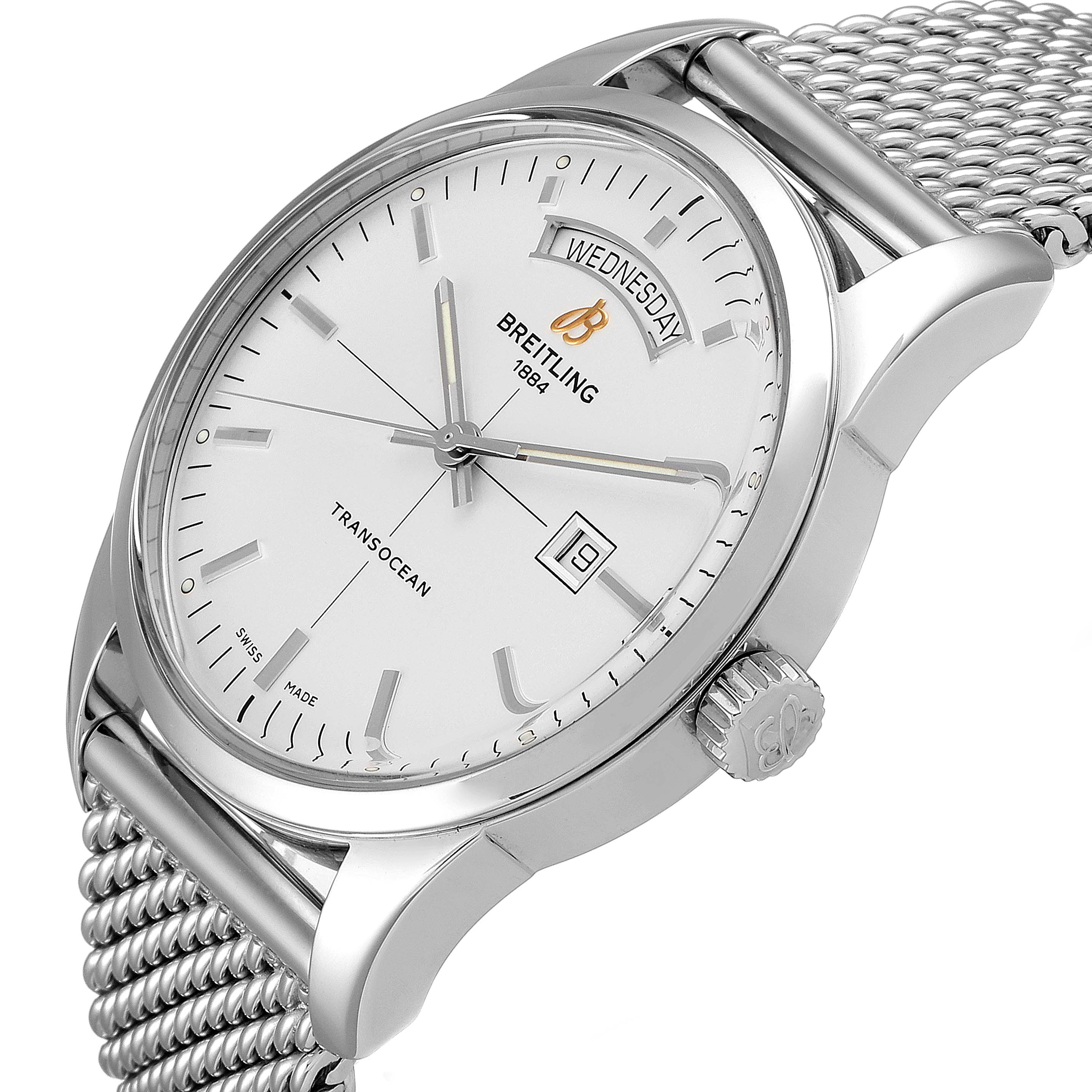 The image shows a Breitling Transocean A45310 Men's Stainless Steel Silver Dial A45310 Men's Stainless Steel Silver Dial watch at an angle highlighting its face, crown, and part of the mesh strap.