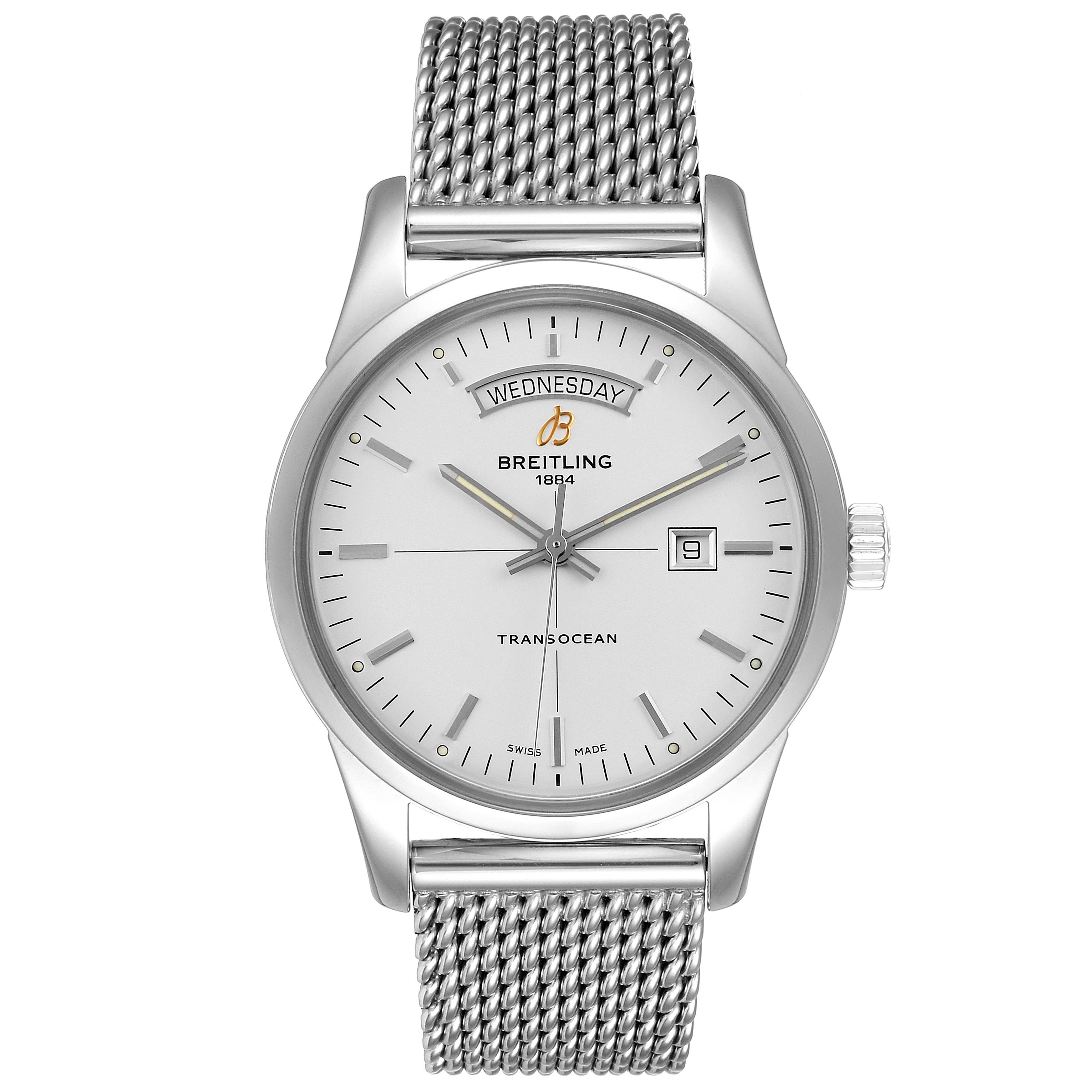 This image shows a front view of the Breitling Transocean A45310 Men's Stainless Steel Silver Dial A45310 Men's Stainless Steel Silver Dial watch, highlighting its face, bezel, crown, and mesh band.