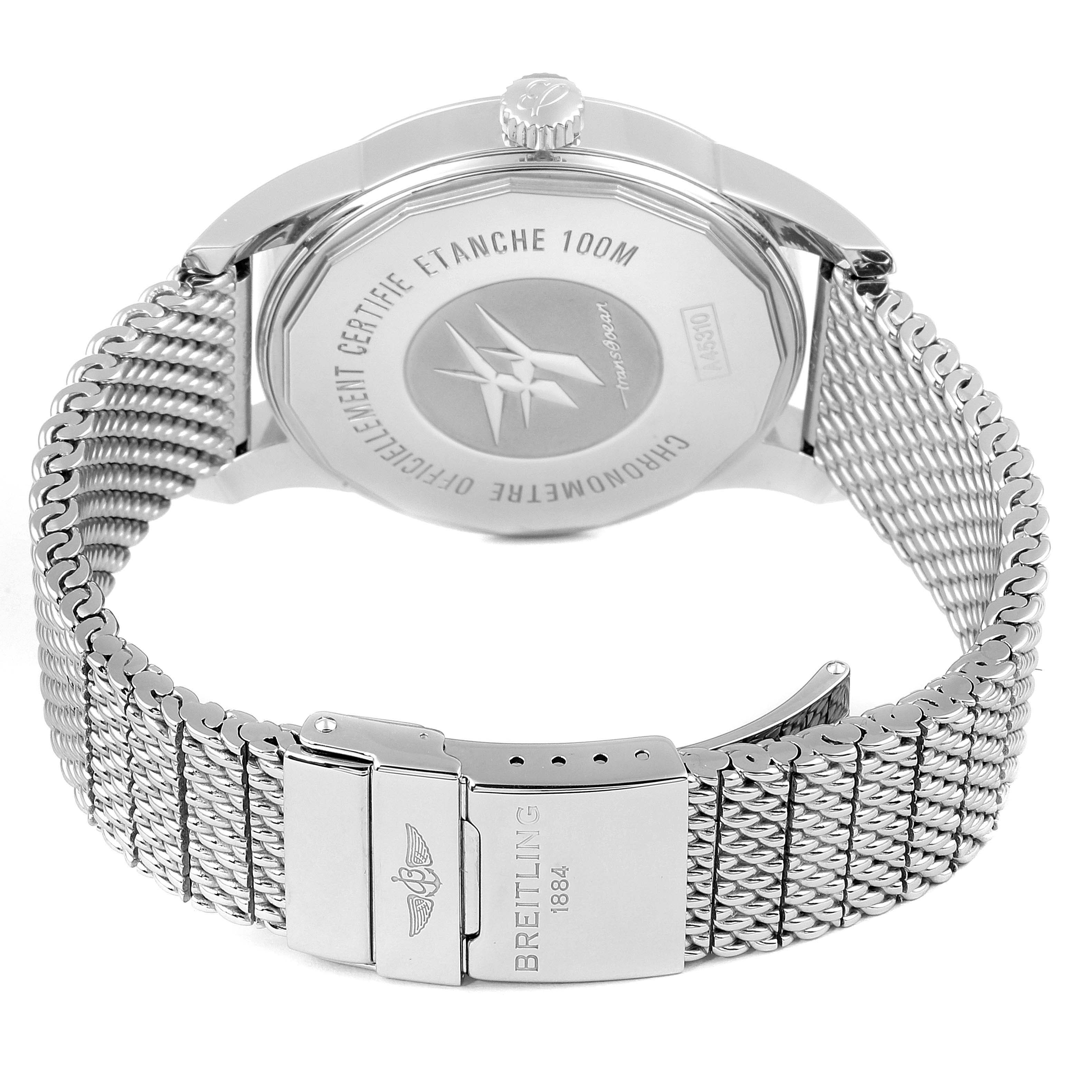 The image shows the back case and mesh bracelet of the Breitling Transocean A45310 Men's Stainless Steel Silver Dial A45310 Men's Stainless Steel Silver Dial watch, viewed from the rear.