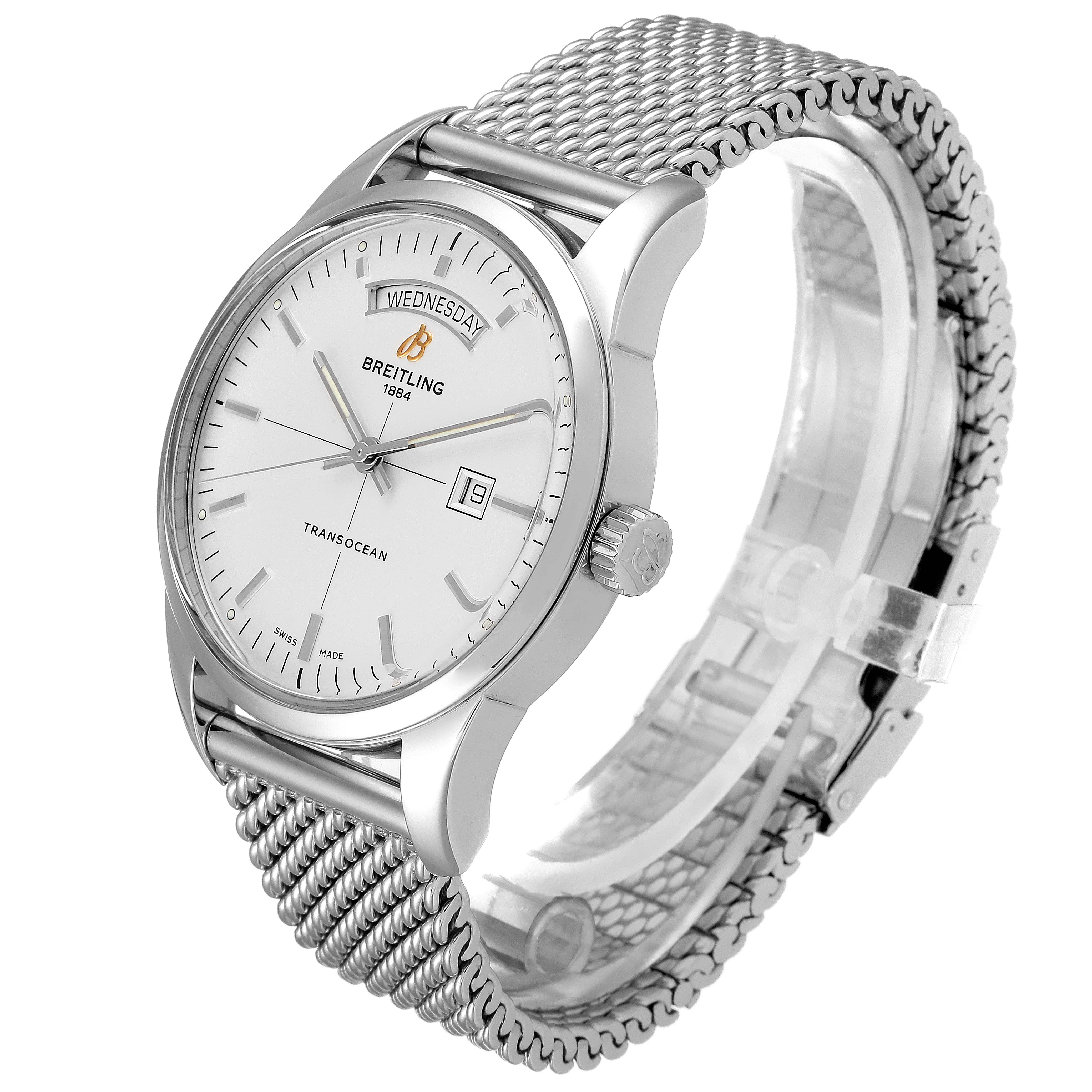 The image shows a side angle of the Breitling Transocean A45310 Men's Stainless Steel Silver Dial A45310 Men's Stainless Steel Silver Dial watch, highlighting its face, mesh strap, and case.