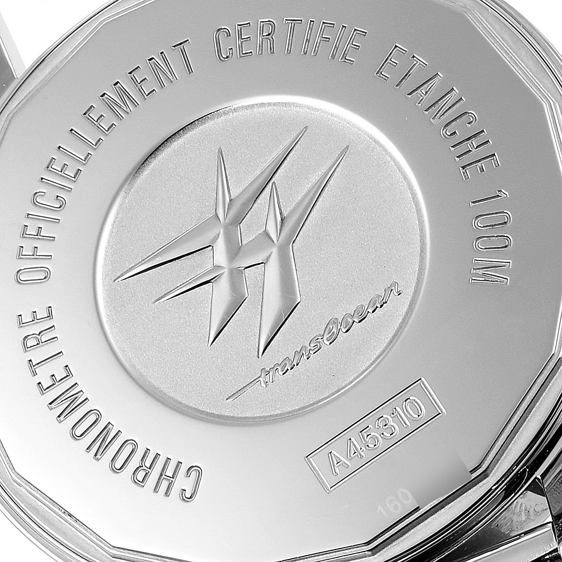 This image shows the back case of a Breitling Transocean A45310 Men's Stainless Steel Silver Dial A45310 Men's Stainless Steel Silver Dial watch, highlighting its model number and water resistance.
