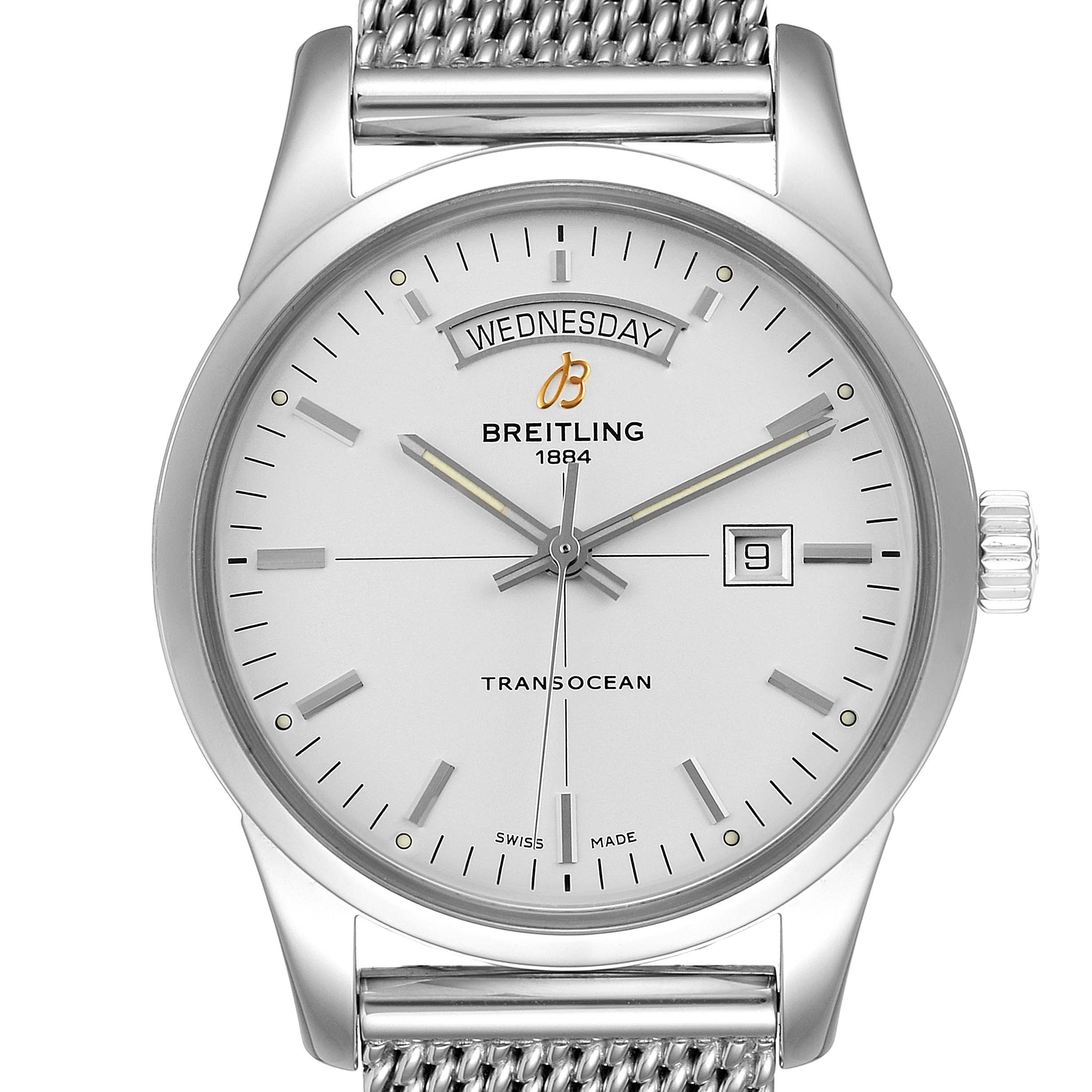 The image shows a front view of the Breitling Transocean A45310 Men's Stainless Steel Silver Dial A45310 Men's Stainless Steel Silver Dial watch, highlighting its dial, hands, crown, and part of the bracelet.
