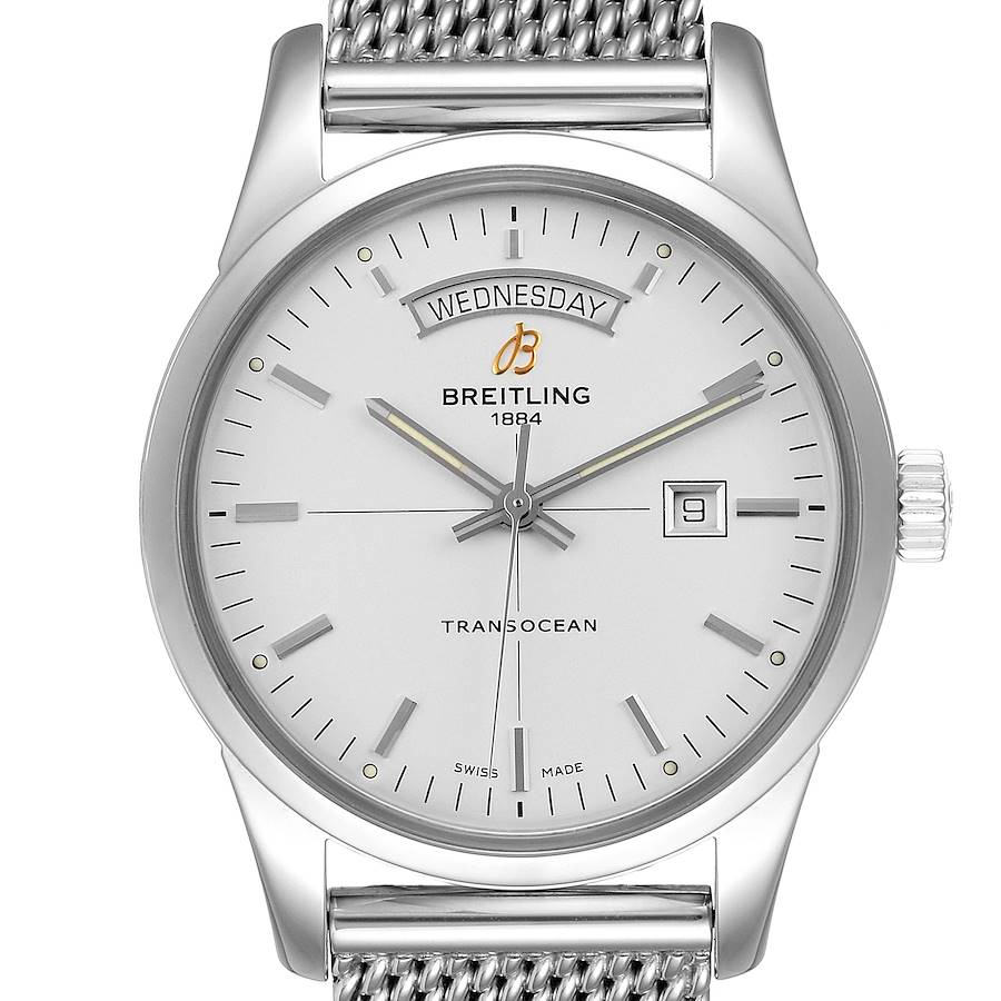 Breitling Transocean Silver Dial Mesh Bracelet Steel Mens Watch A45310 SwissWatchExpo