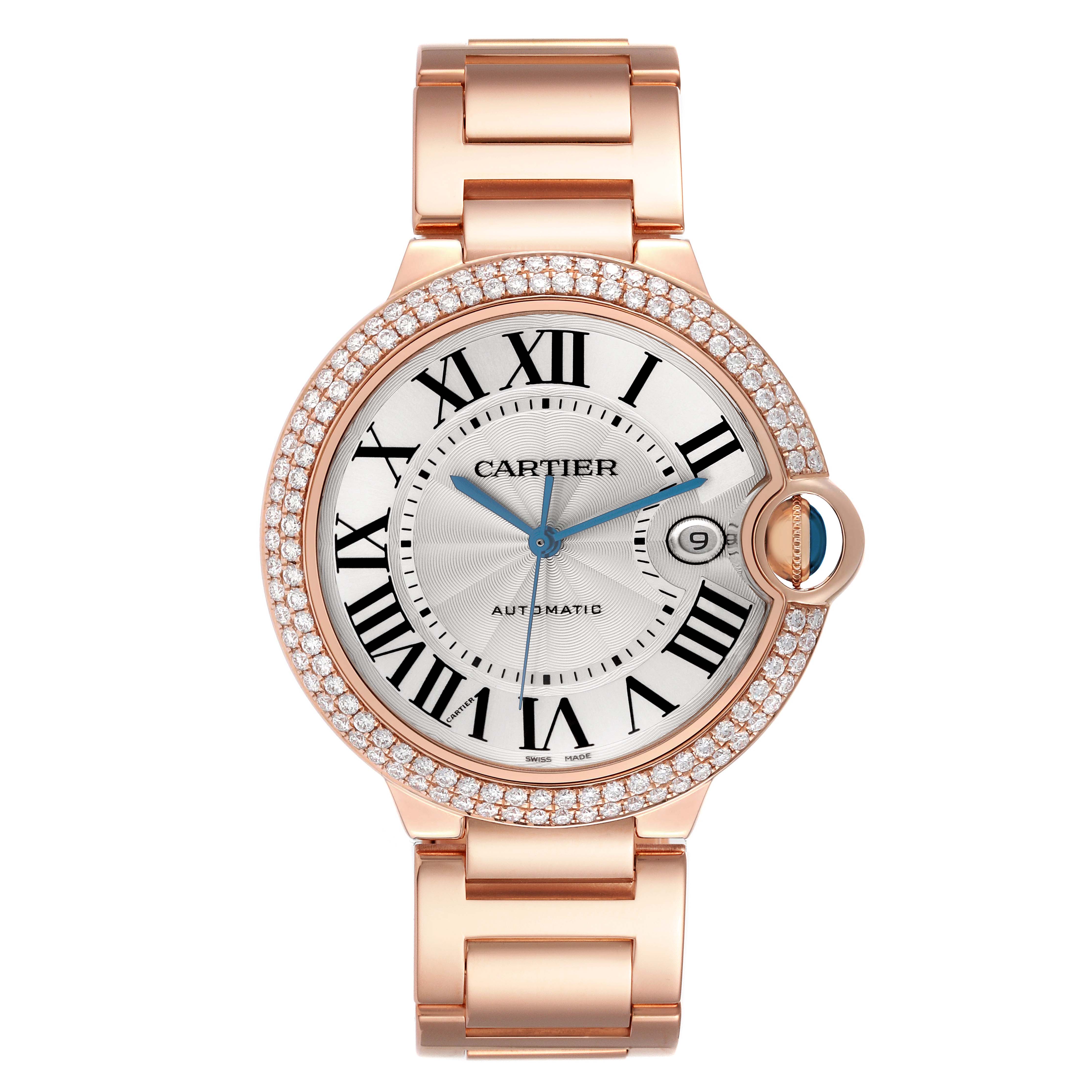 The Cartier Ballon Bleu WE9008Z3 Men's Rose Gold Silver Dial WE9008Z3 Men's Rose Gold Silver Dial watch is shown from a top-down angle, highlighting its face, bezel, crown, and bracelet.