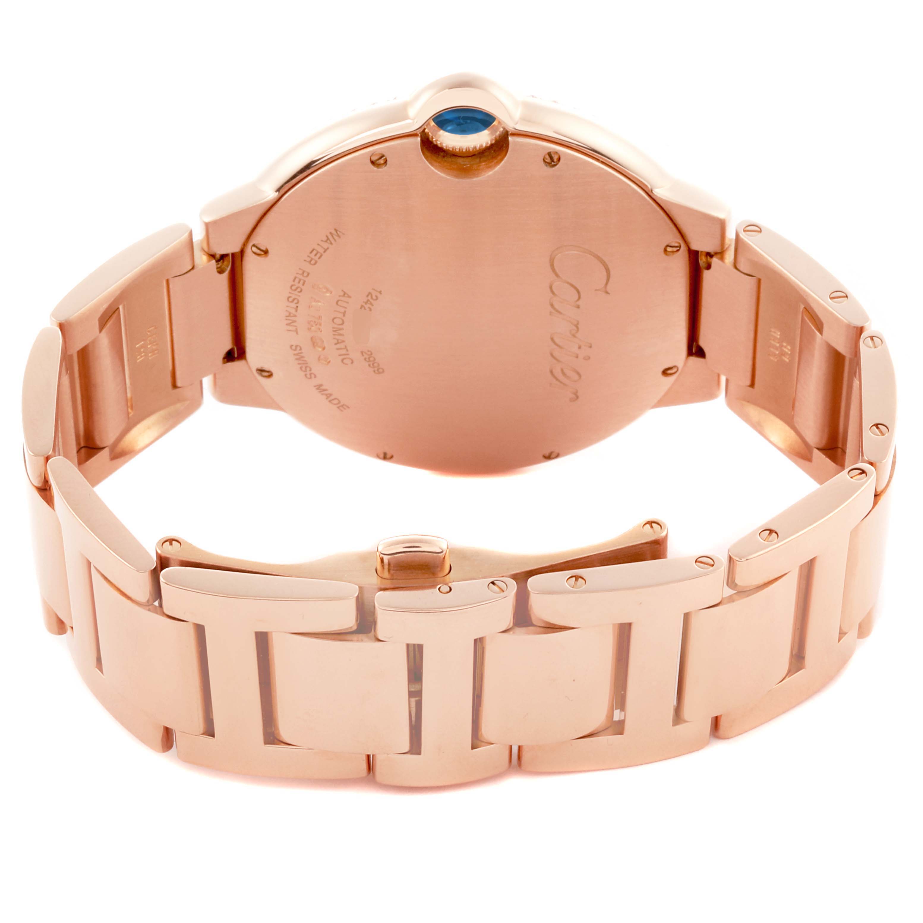 The image shows the back and bracelet of the Cartier Ballon Bleu WE9008Z3 Men's Rose Gold Silver Dial WE9008Z3 Men's Rose Gold Silver Dial watch, highlighting the clasp and crown.