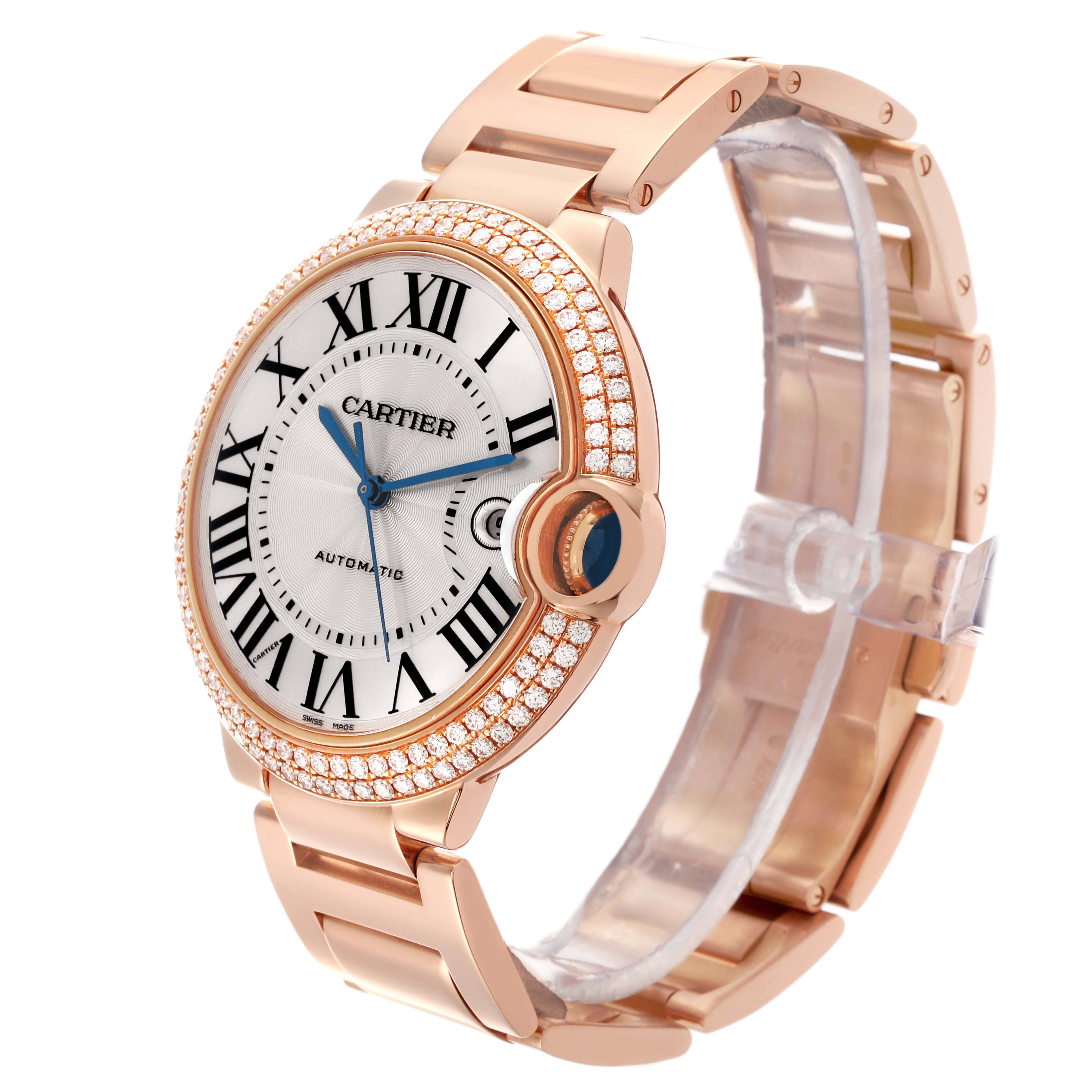 The Cartier Ballon Bleu WE9008Z3 Men's Rose Gold Silver Dial WE9008Z3 Men's Rose Gold Silver Dial watch is shown at a three-quarter angle, highlighting its face, bracelet, and diamond bezel.