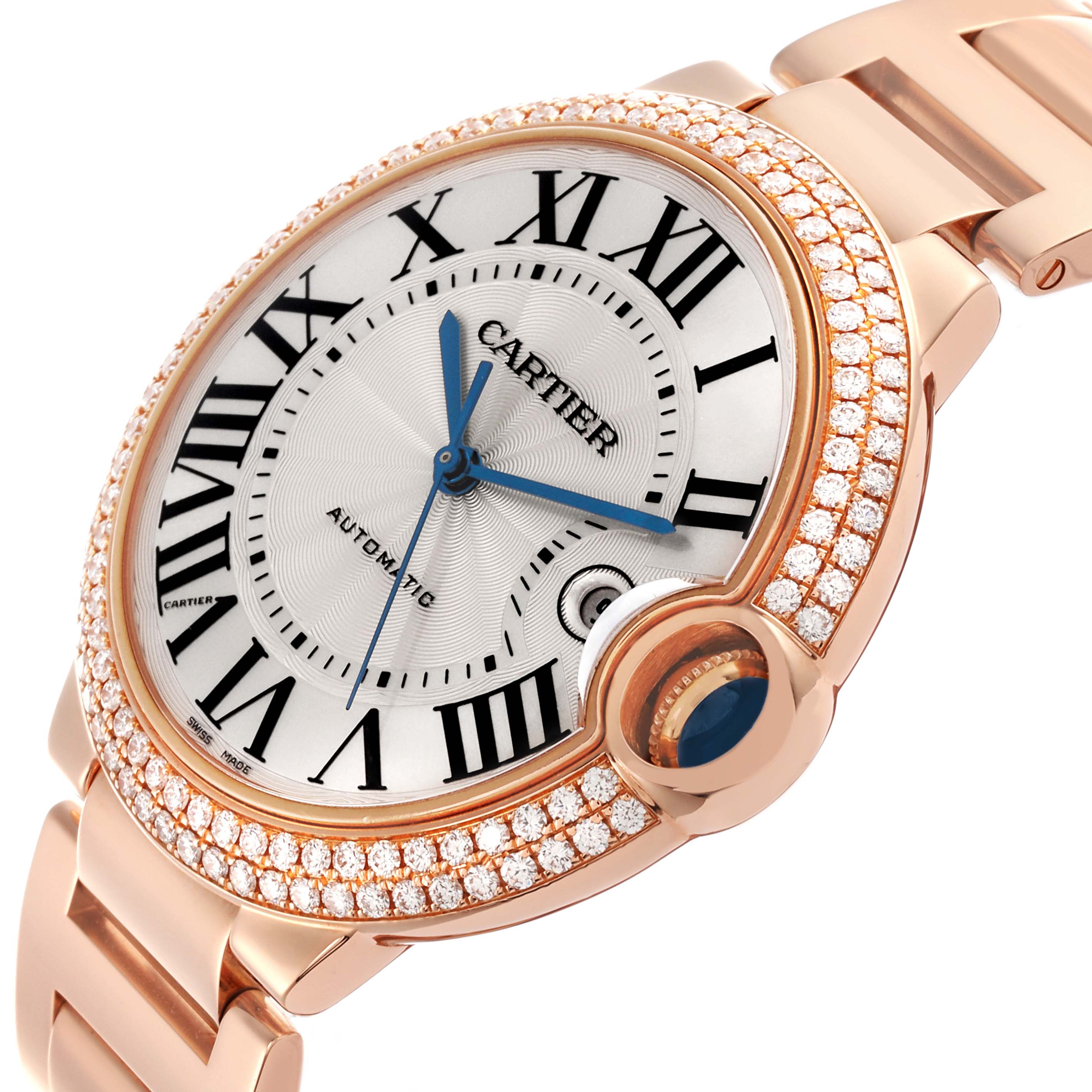 The Cartier Ballon Bleu WE9008Z3 Men's Rose Gold Silver Dial WE9008Z3 Men's Rose Gold Silver Dial watch is shown at an angled view, highlighting its diamond-studded bezel and crown.