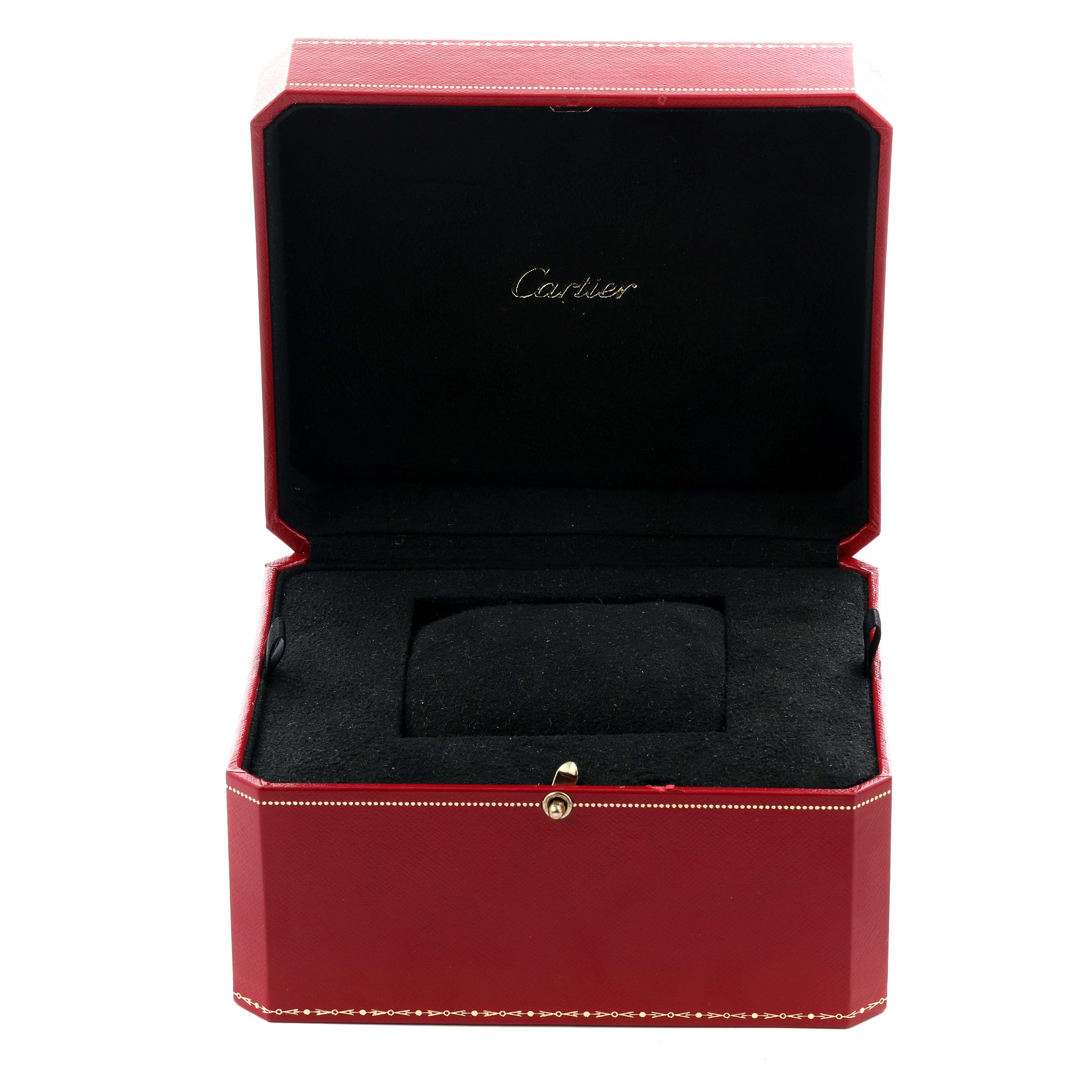 The image shows an open red Cartier watch box for the Ballon Bleu model, viewed from the front.