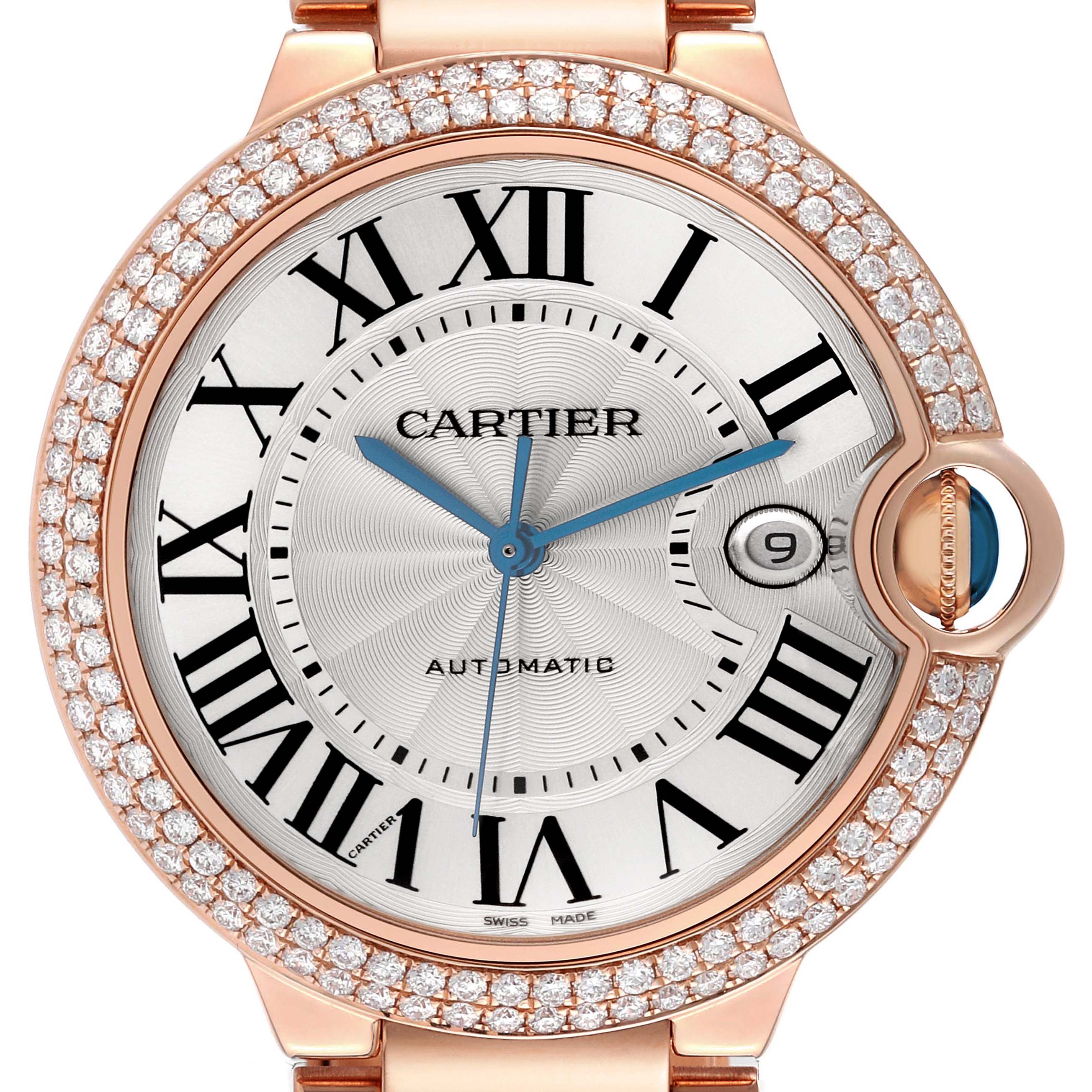 The Cartier Ballon Bleu WE9008Z3 Men's Rose Gold Silver Dial WE9008Z3 Men's Rose Gold Silver Dial watch is shown from a front angle, highlighting the face, Roman numerals, and diamond-encrusted bezel.