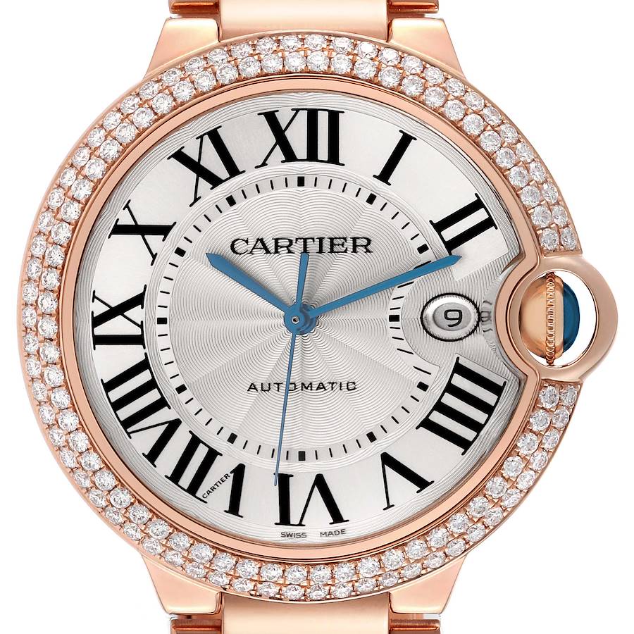 The Cartier Ballon Bleu watch is shown from a front angle, highlighting the face, Roman numerals, and diamond-encrusted bezel.