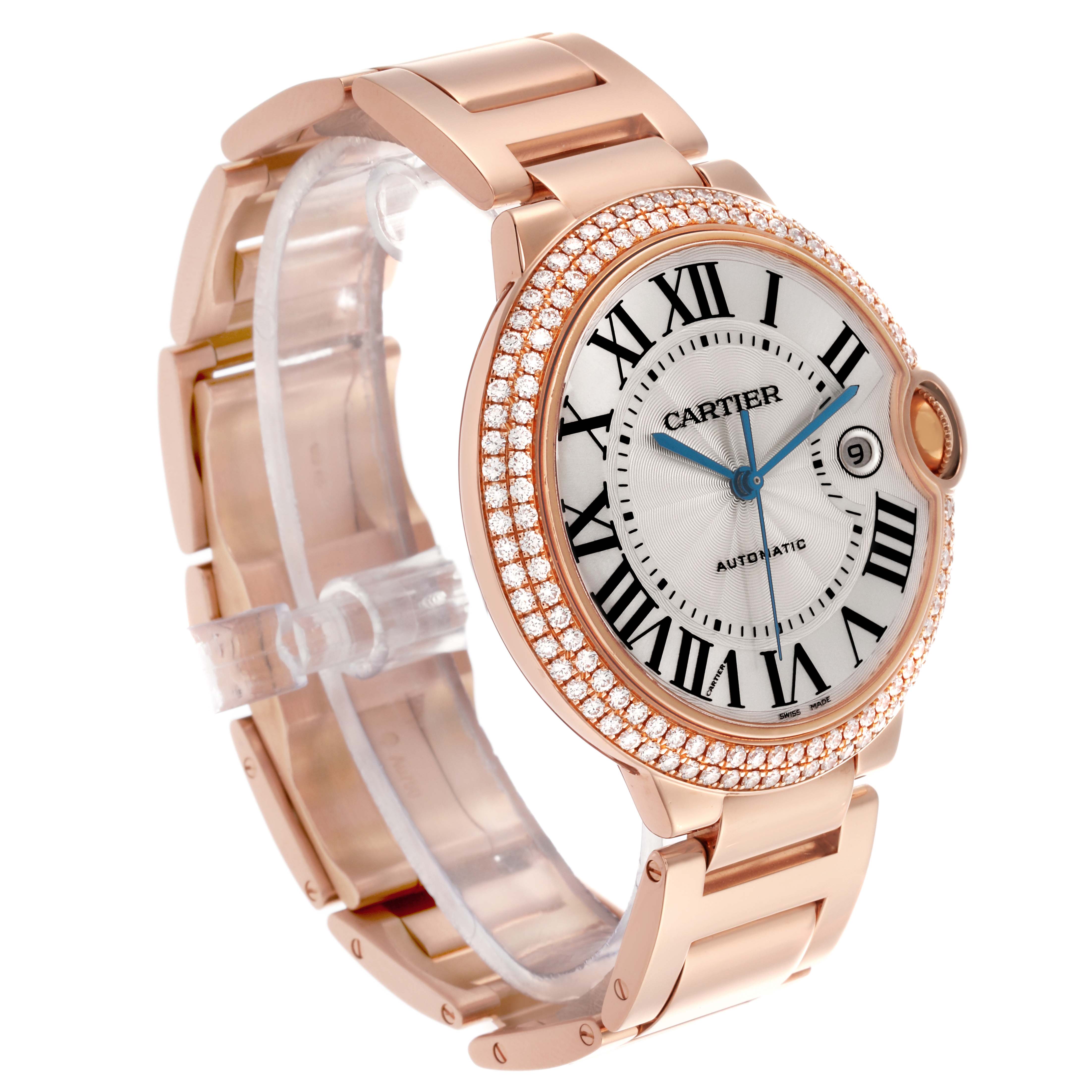 The Cartier Ballon Bleu WE9008Z3 Men's Rose Gold Silver Dial WE9008Z3 Men's Rose Gold Silver Dial watch is shown at an angle highlighting the dial, bracelet, and the diamond-studded bezel.