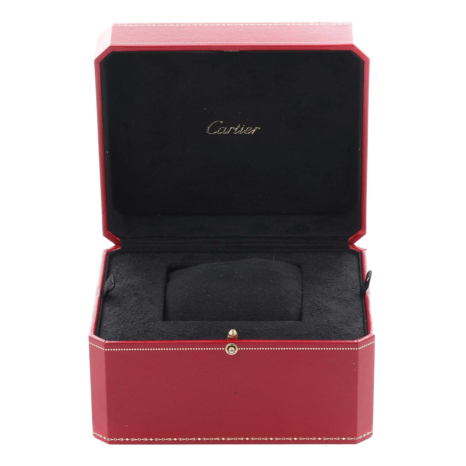 The image shows an open Cartier watch box for the Ballon Bleu model, highlighting the box
s interior and exterior design.