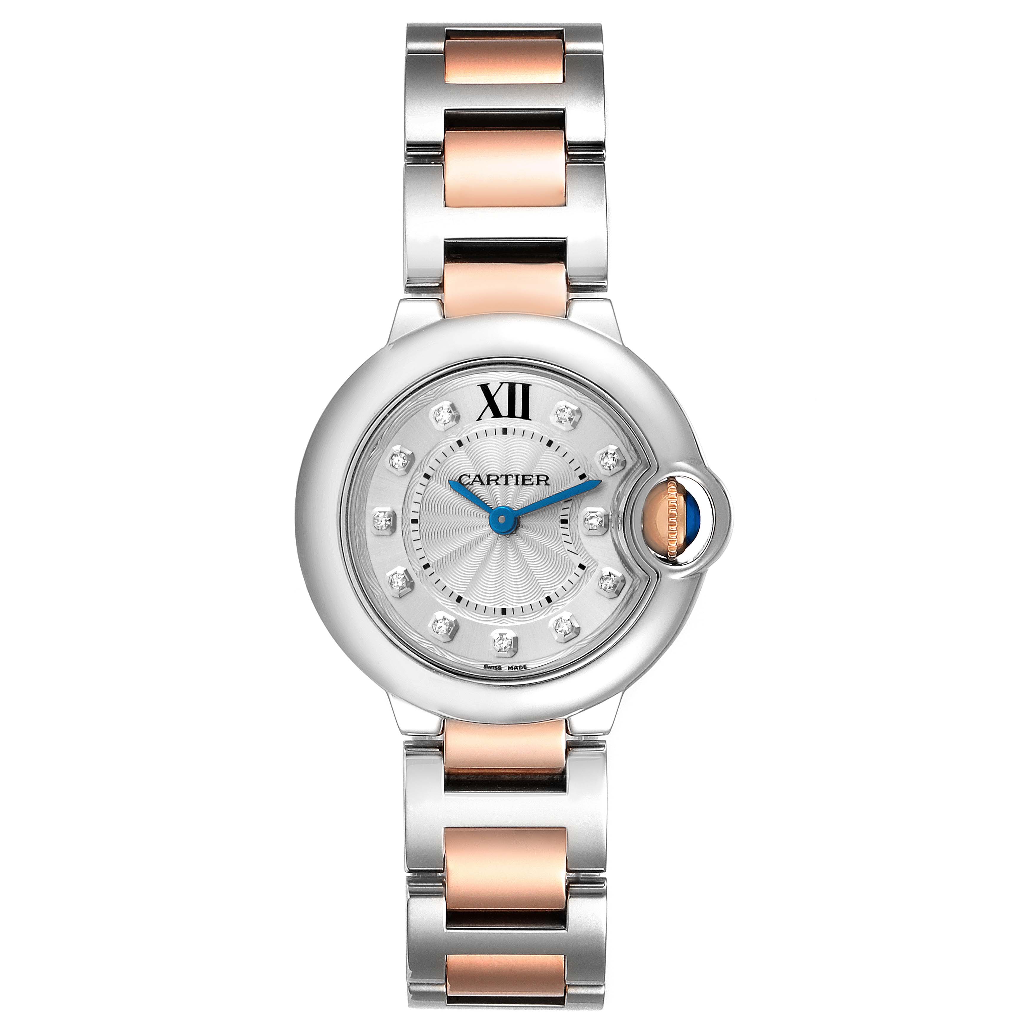 The Cartier Ballon Bleu WE902030 Women
s Steel and Gold (two tone) Silver Dial WE902030 Women
s Steel and Gold (two tone) Silver Dial watch is shown from a top view, highlighting its round case, dial with Roman numerals, and two-tone bracelet.