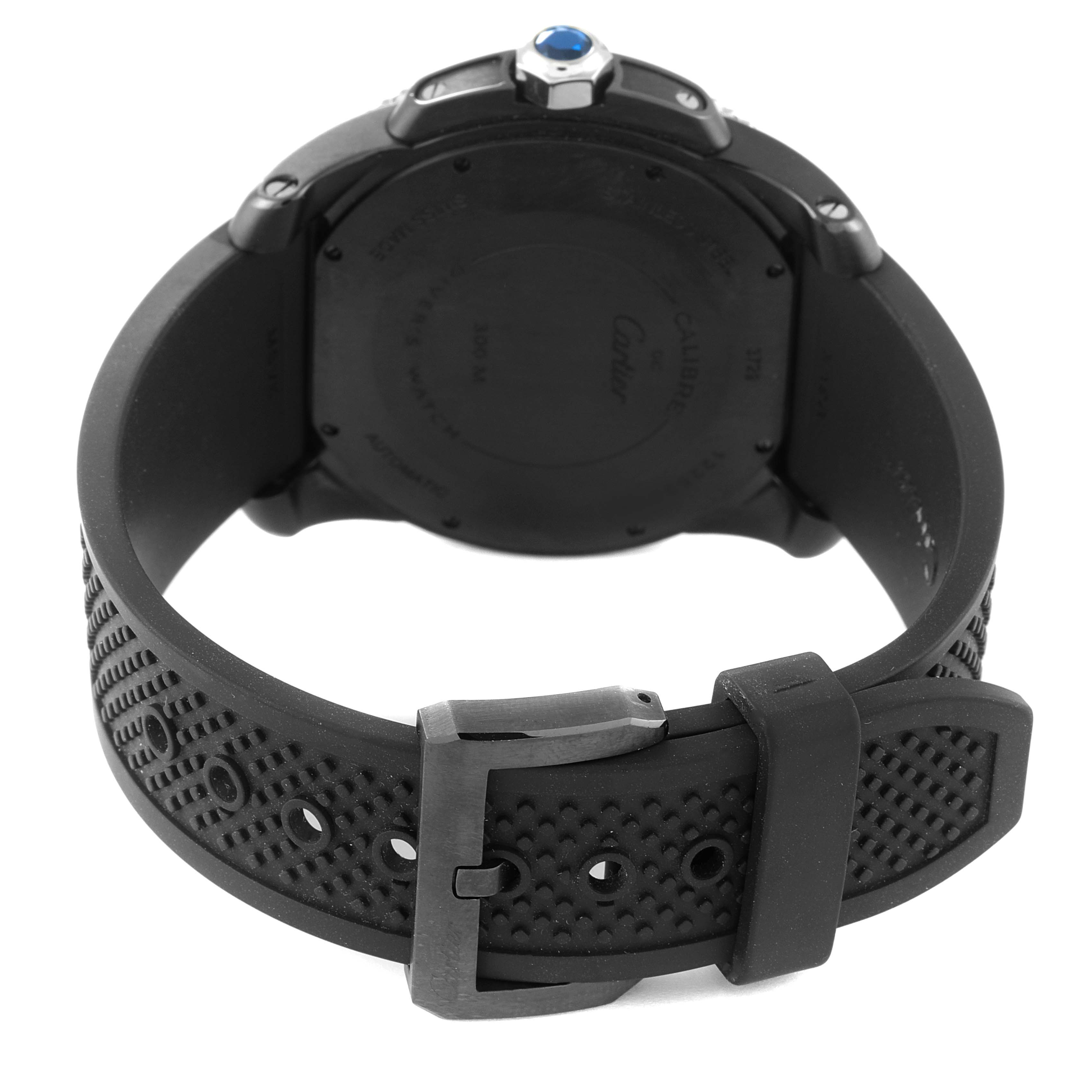 This image shows the back and band of a Calibre de Cartier watch by Cartier, highlighting its buckle and caseback.