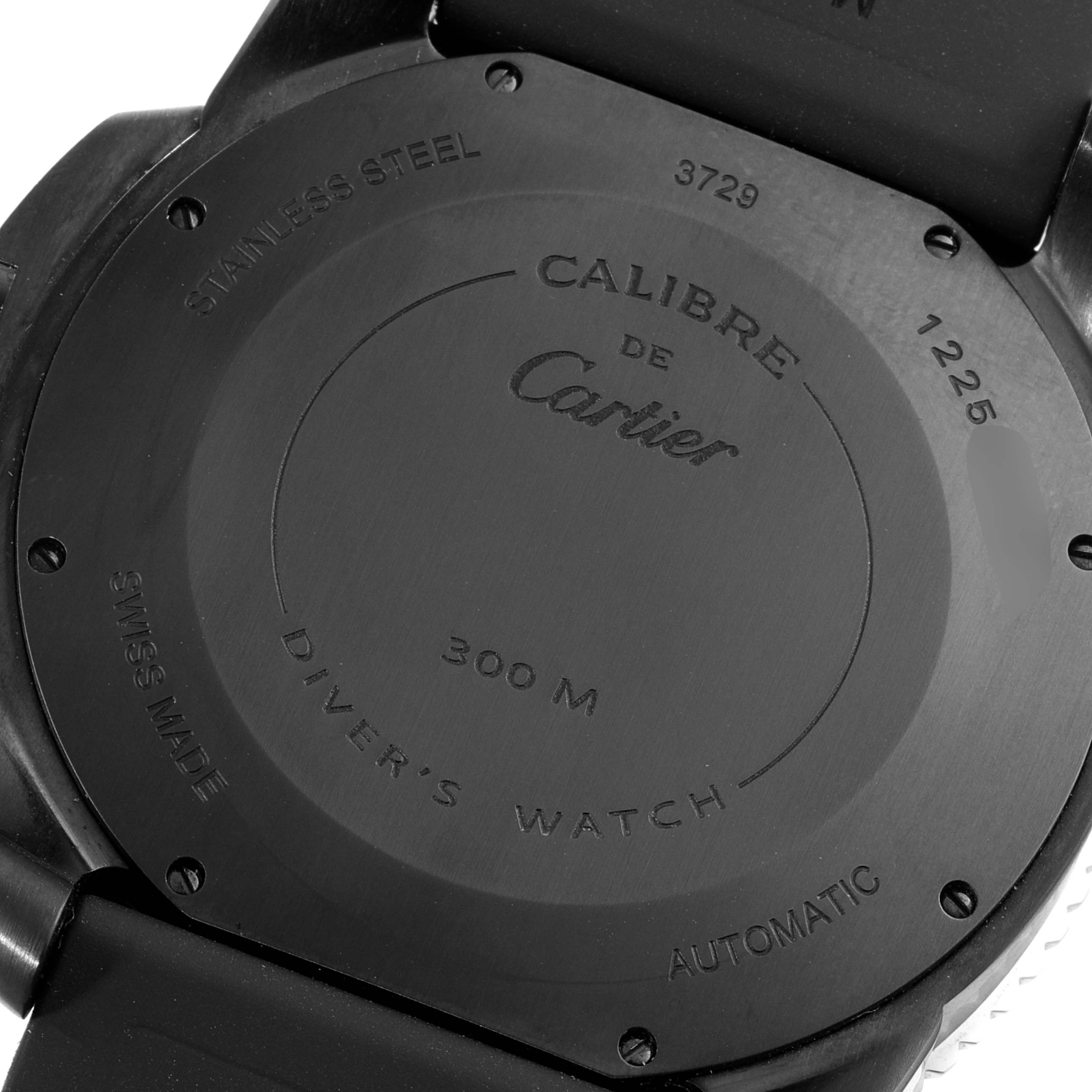 The image shows the case back of a Calibre de Cartier watch by Cartier, featuring details like water resistance, material, and automatic movement.