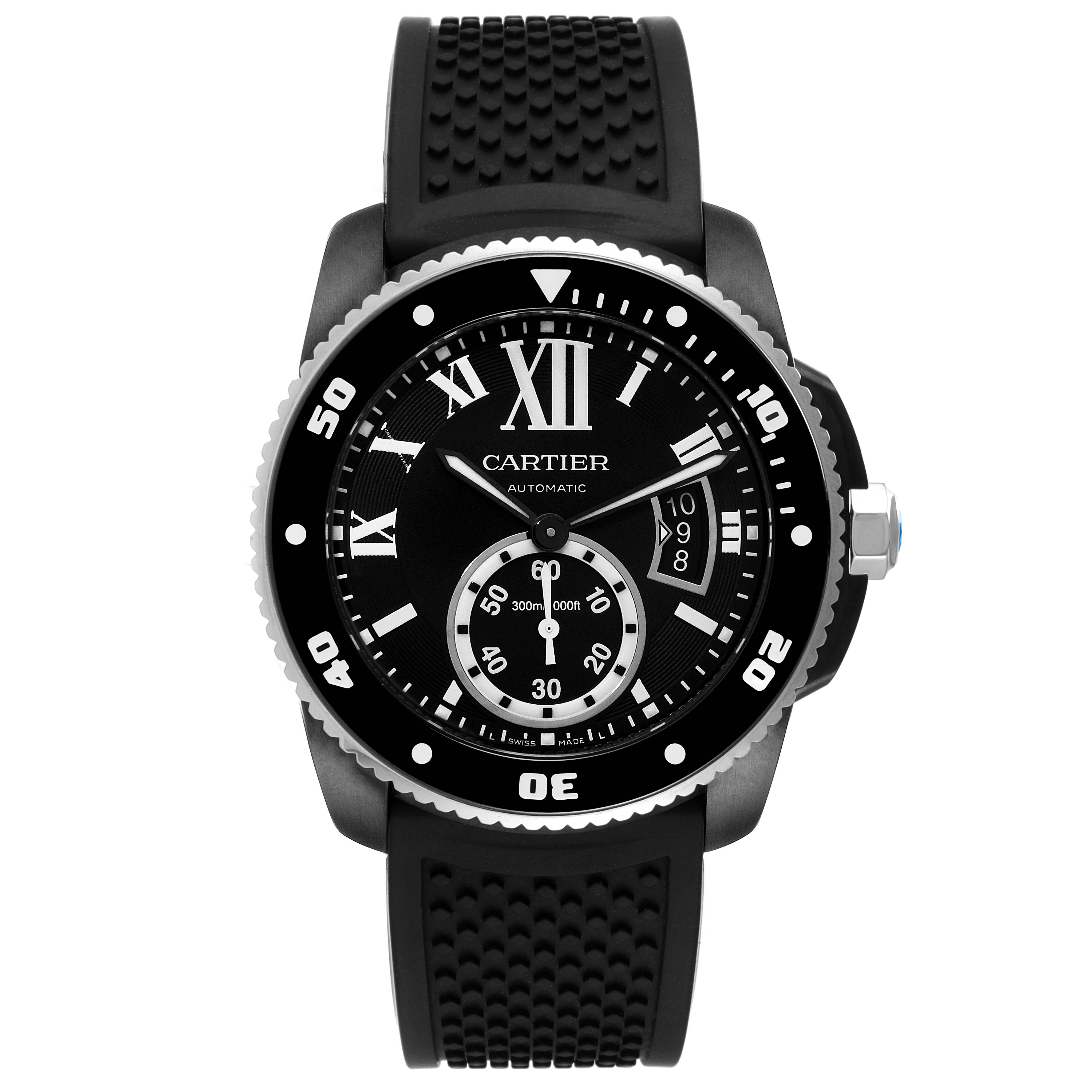 The image shows a front view of the Calibre de Cartier watch by Cartier, highlighting its dial, bezel, crown, and strap.