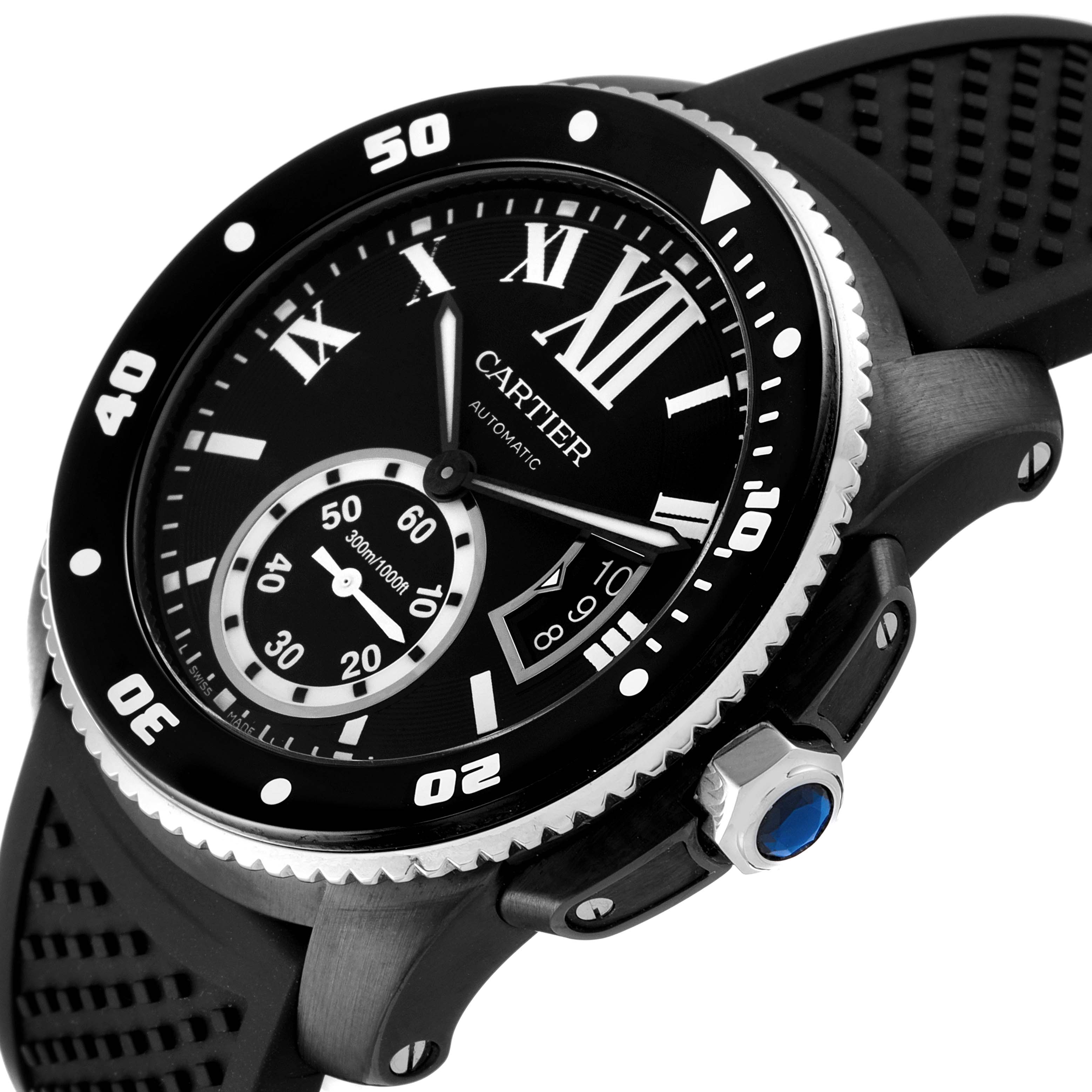 The image shows a close-up angled view of the Calibre de Cartier watch, highlighting the face, bezel, and crown.