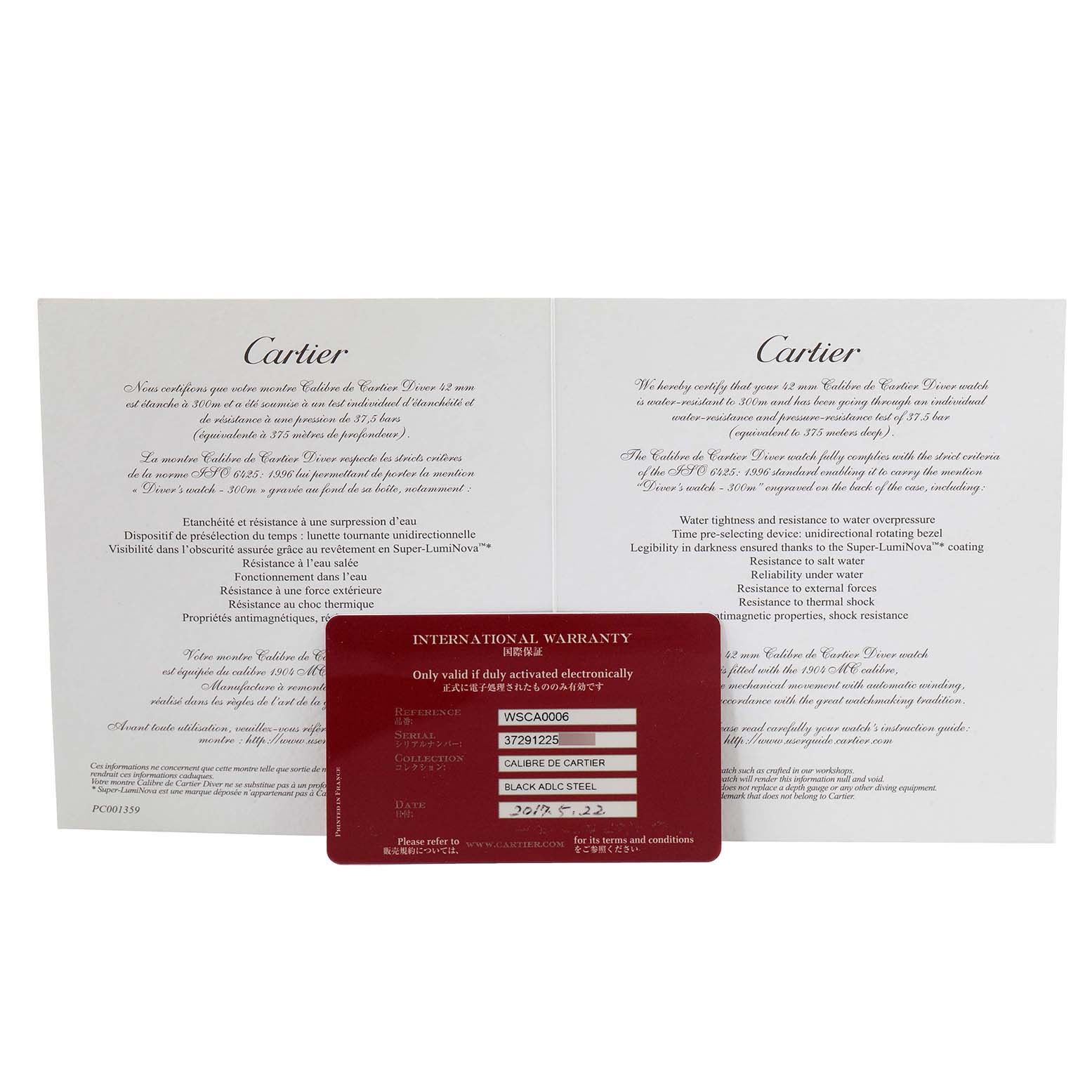 The image shows a Cartier international warranty card and documentation for a Calibre de Cartier model.