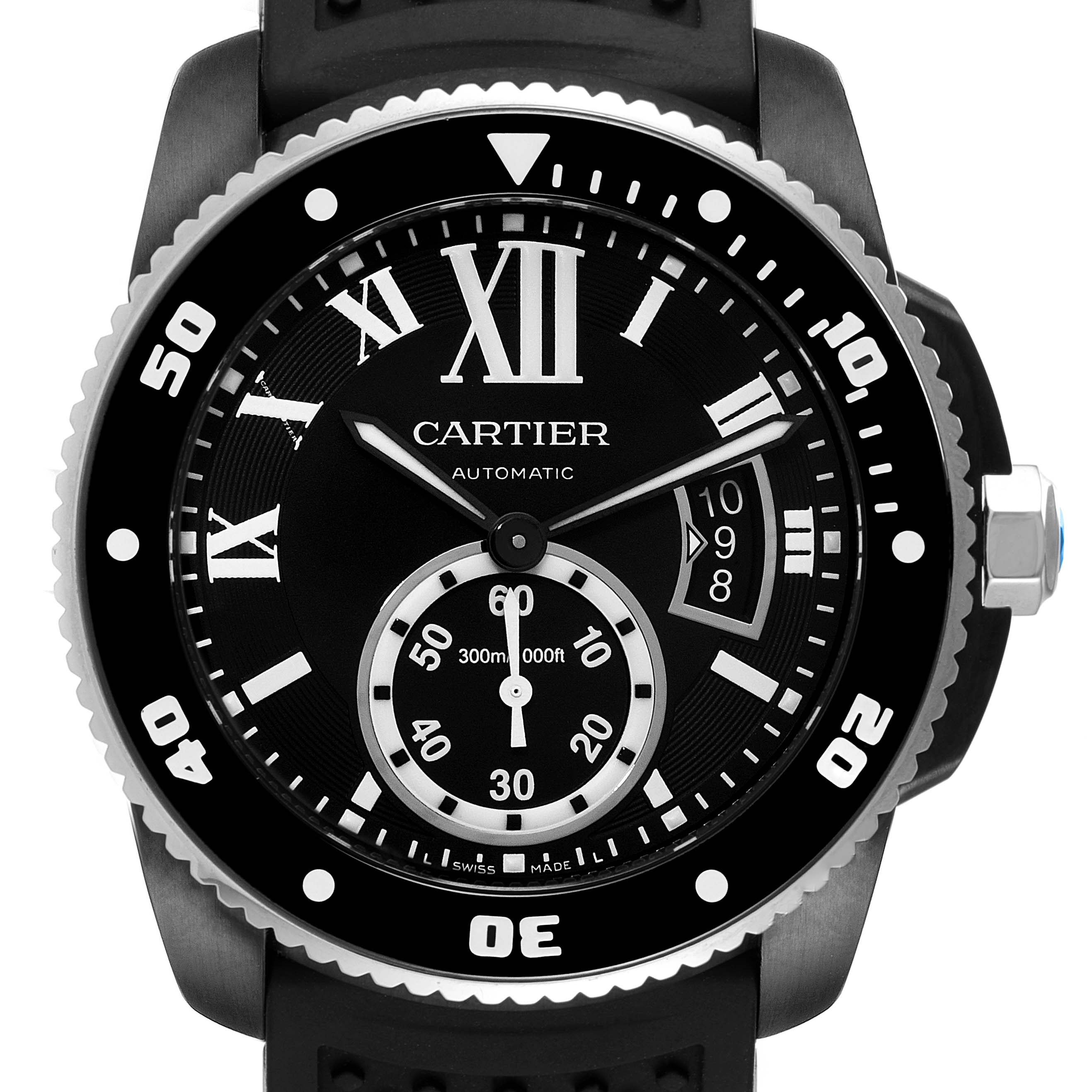 This image shows a front view of the Calibre de Cartier watch by Cartier, highlighting its black dial, bezel, and Roman numerals.