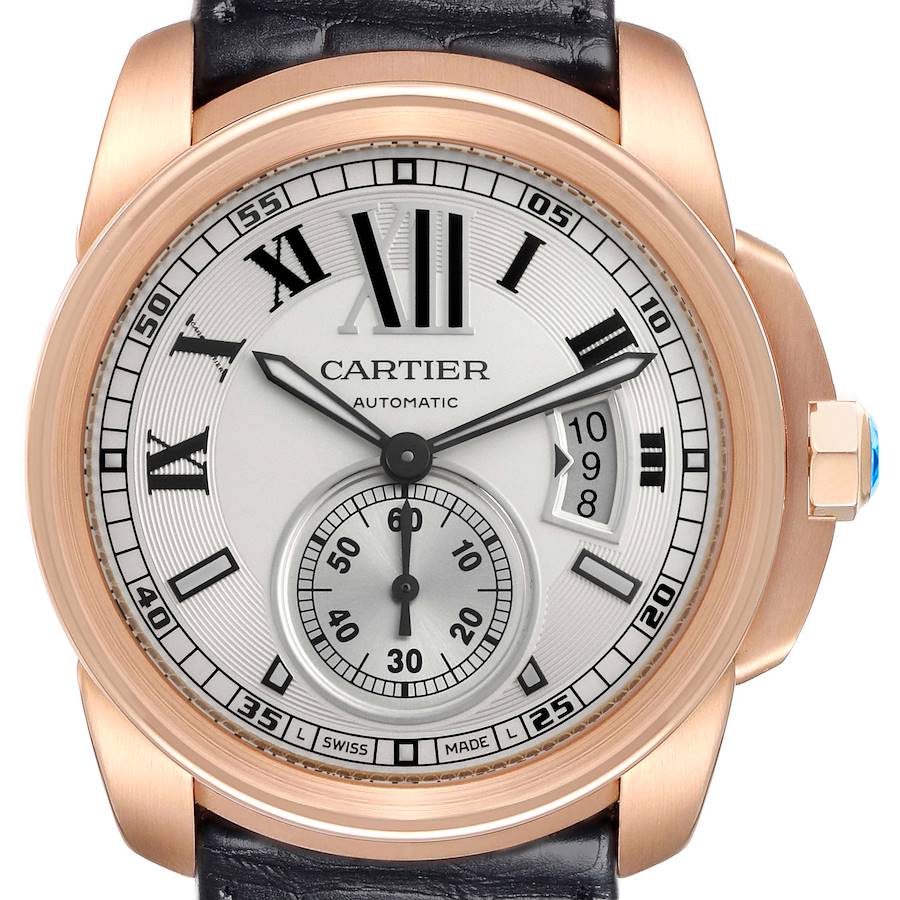 The image shows a Calibre de Cartier watch from the front, highlighting its dial, Roman numerals, sub-dial, and date window.