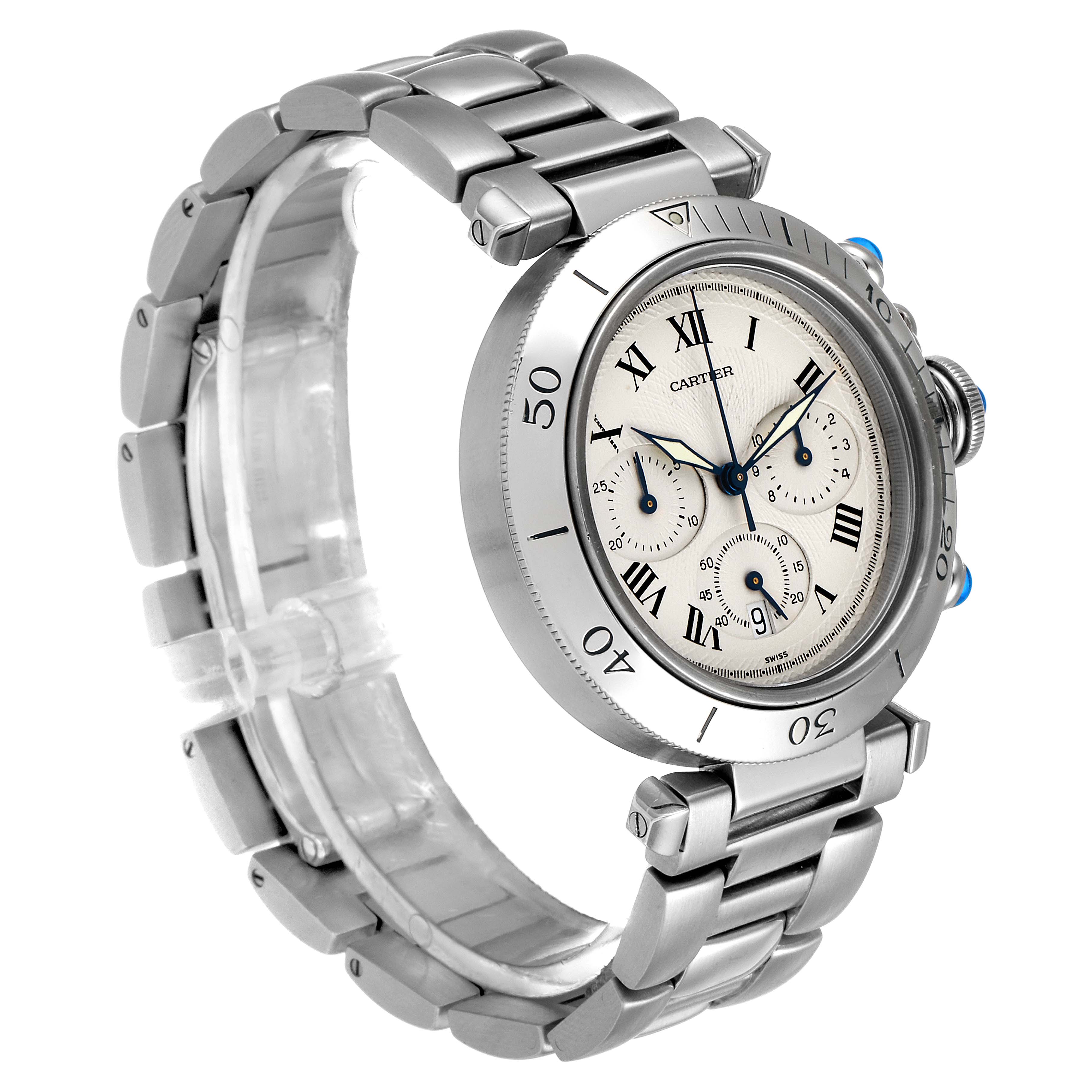 The image shows the Cartier Pasha W31018H3 Men's Stainless Steel Silver Dial W31018H3 Men's Stainless Steel Silver Dial watch at a three-quarter angle, highlighting the face, bracelet, and bezel.