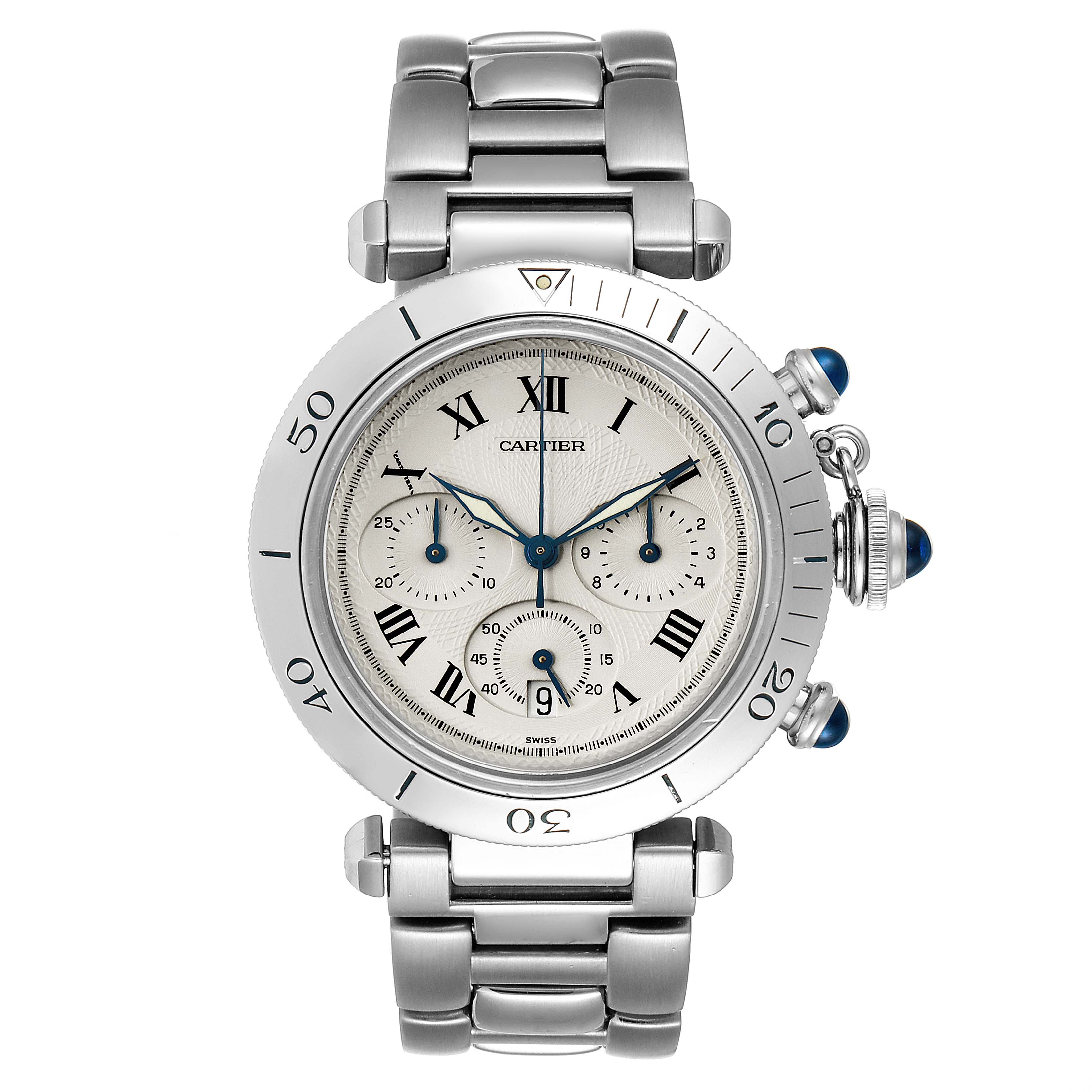 This image shows a front view of the Cartier Pasha W31018H3 Men's Stainless Steel Silver Dial W31018H3 Men's Stainless Steel Silver Dial watch, displaying the face, bezel, crown, and bracelet.