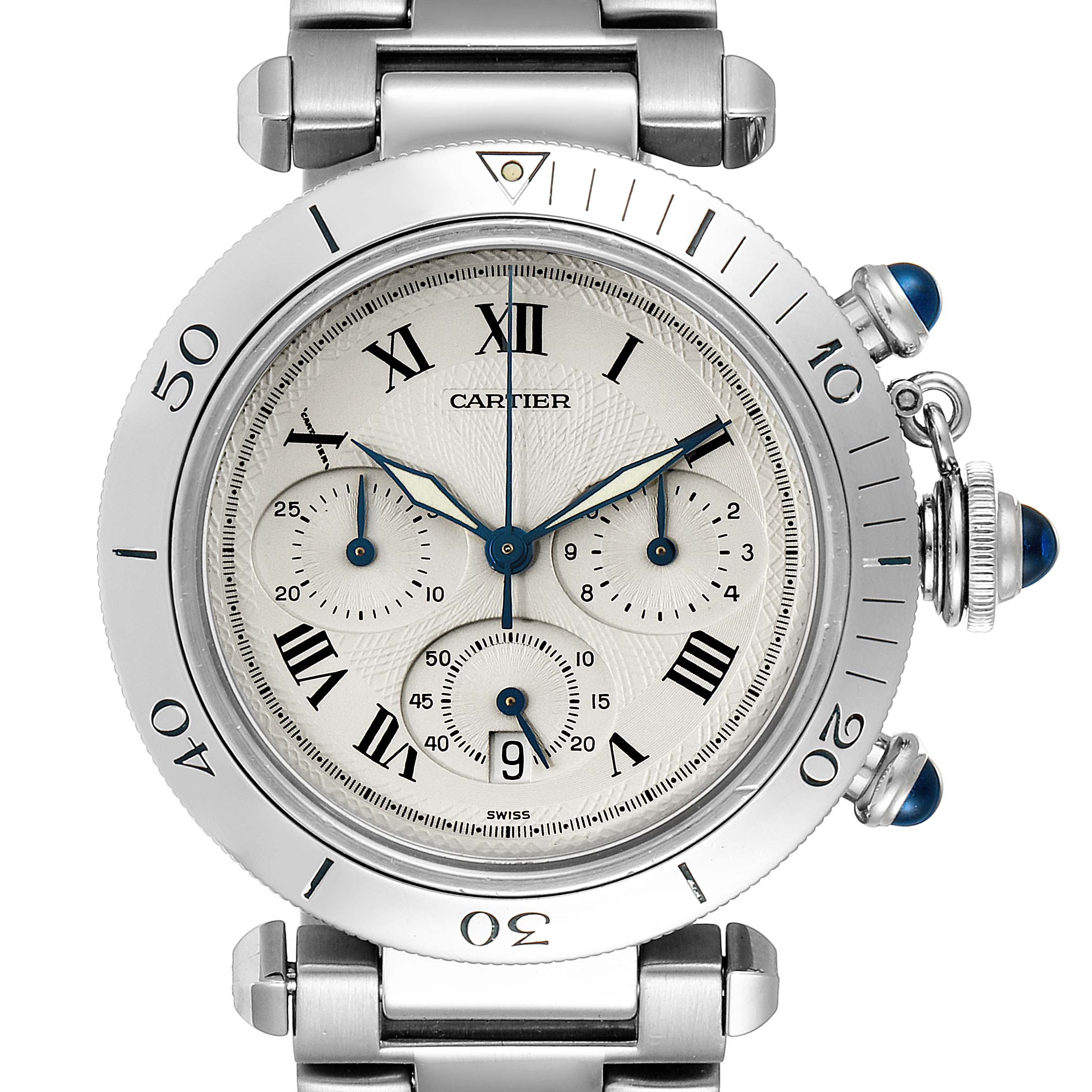 The image shows a frontal view of the Cartier Pasha W31018H3 Men's Stainless Steel Silver Dial W31018H3 Men's Stainless Steel Silver Dial watch, highlighting its dial, bezel, crown, and pushers.
