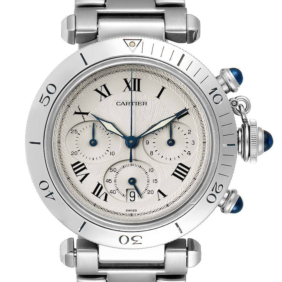 Cartier Pasha Chronograph Silver Dial Steel Mens Watch W31018H3 SwissWatchExpo