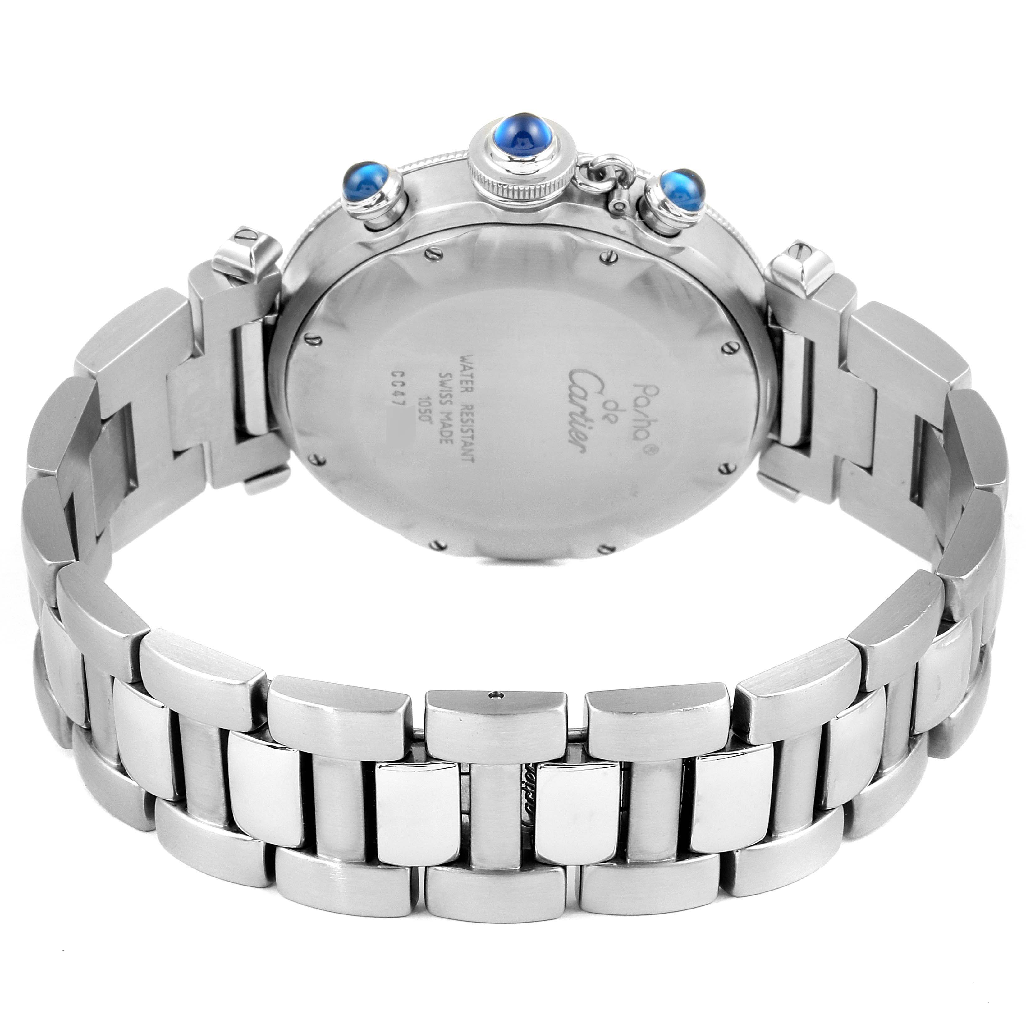 The image shows the back of a Cartier Pasha W31018H3 Men's Stainless Steel Silver Dial W31018H3 Men's Stainless Steel Silver Dial watch, highlighting its stainless steel case and bracelet, along with the crown and pushers.