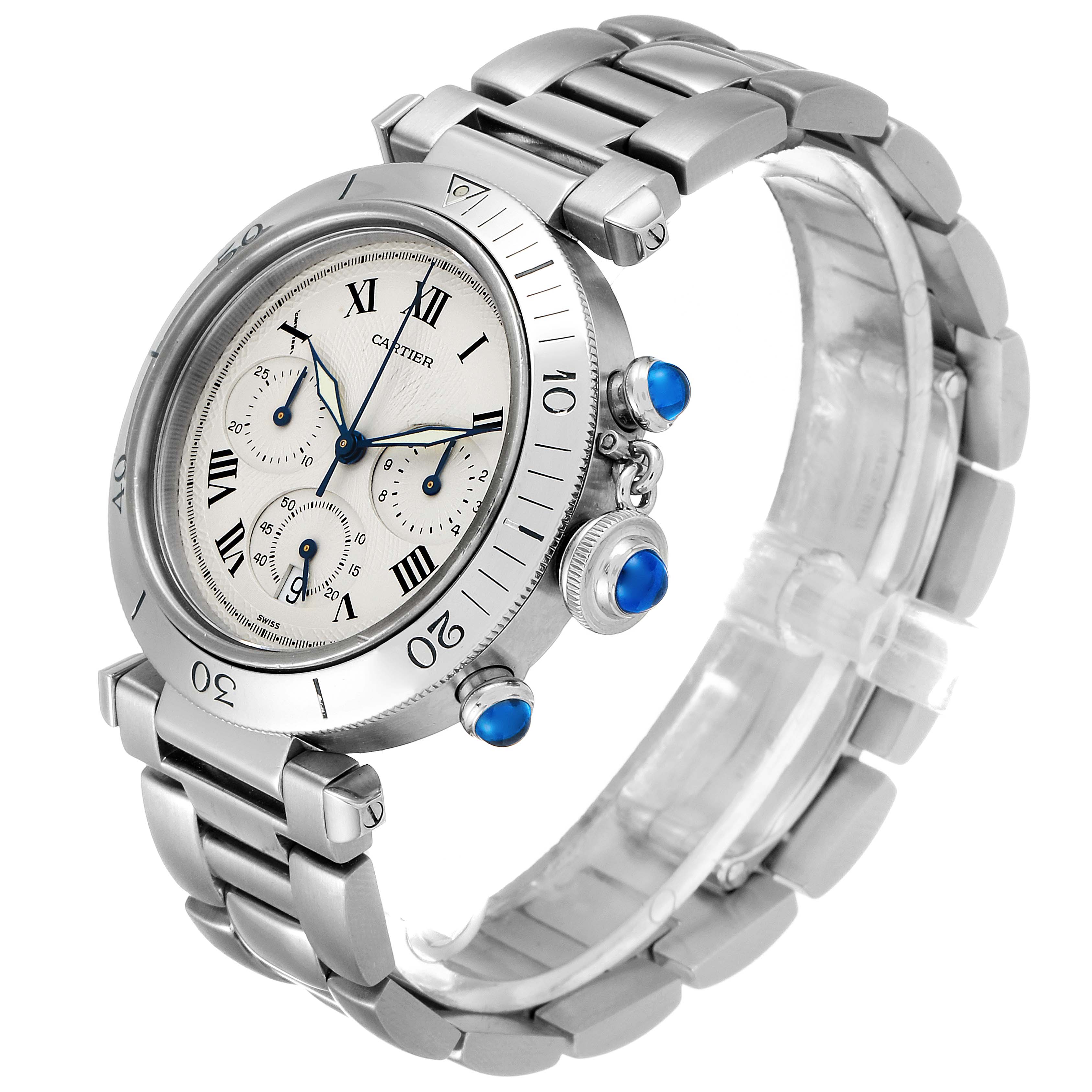 The Cartier Pasha W31018H3 Men's Stainless Steel Silver Dial W31018H3 Men's Stainless Steel Silver Dial watch is shown at a slight angle, highlighting its silver bracelet and blue cabochon crown detail.