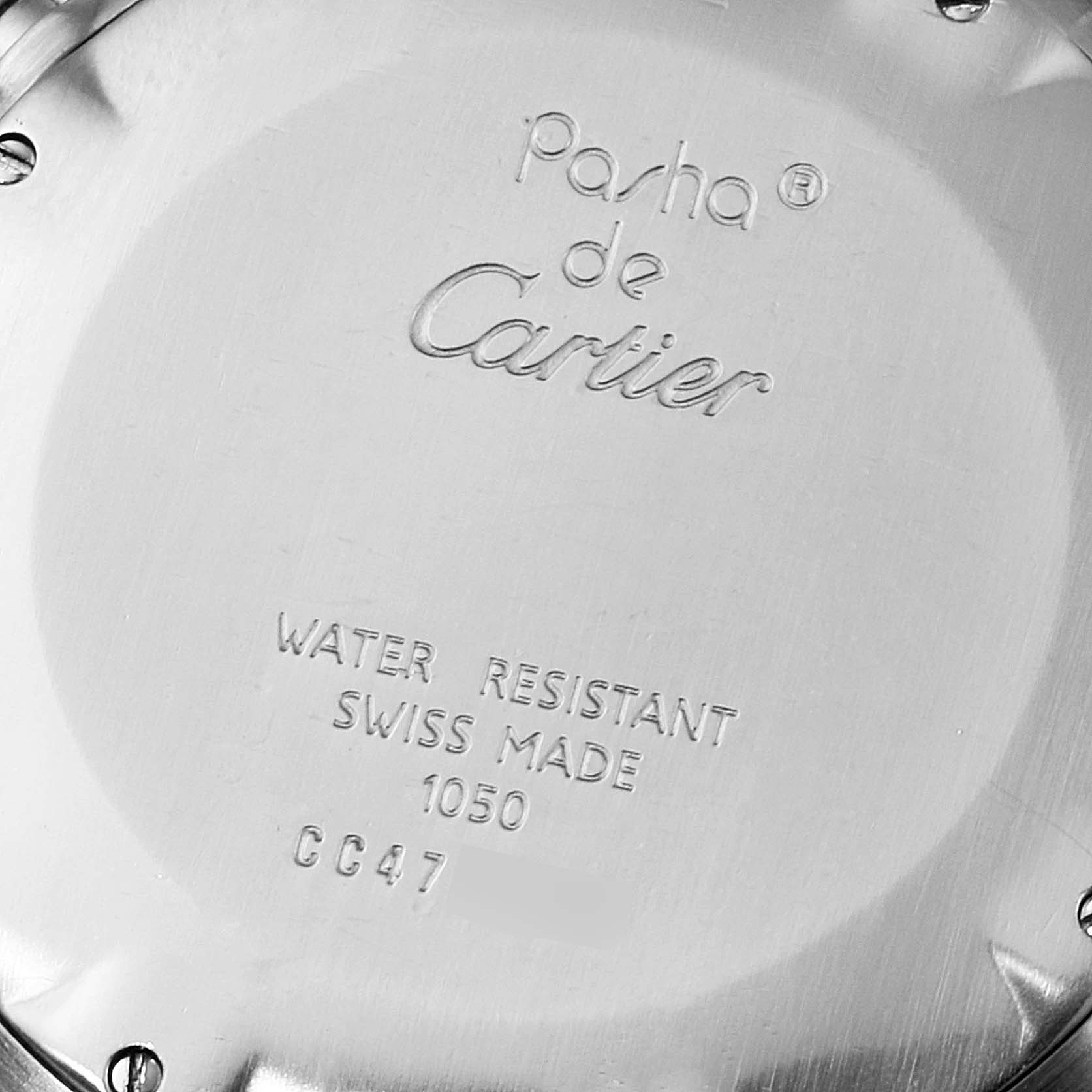 The image shows the back case of a Cartier Pasha W31018H3 Men's Stainless Steel Silver Dial W31018H3 Men's Stainless Steel Silver Dial watch, displaying engraved branding and model details.