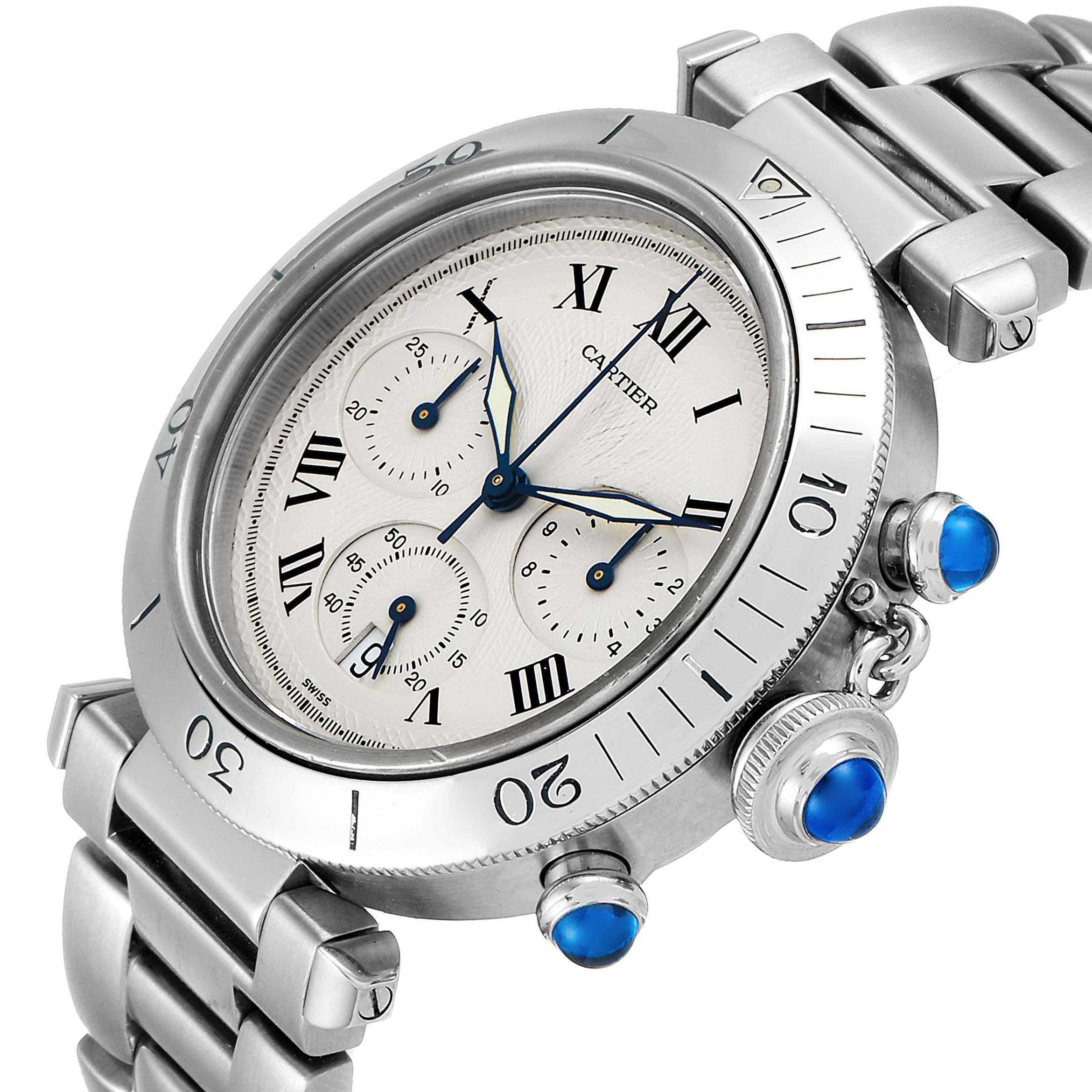 The image shows a close-up angle of the Cartier Pasha W31018H3 Men's Stainless Steel Silver Dial W31018H3 Men's Stainless Steel Silver Dial watch, highlighting the dial, bezel, crown, and part of the bracelet.