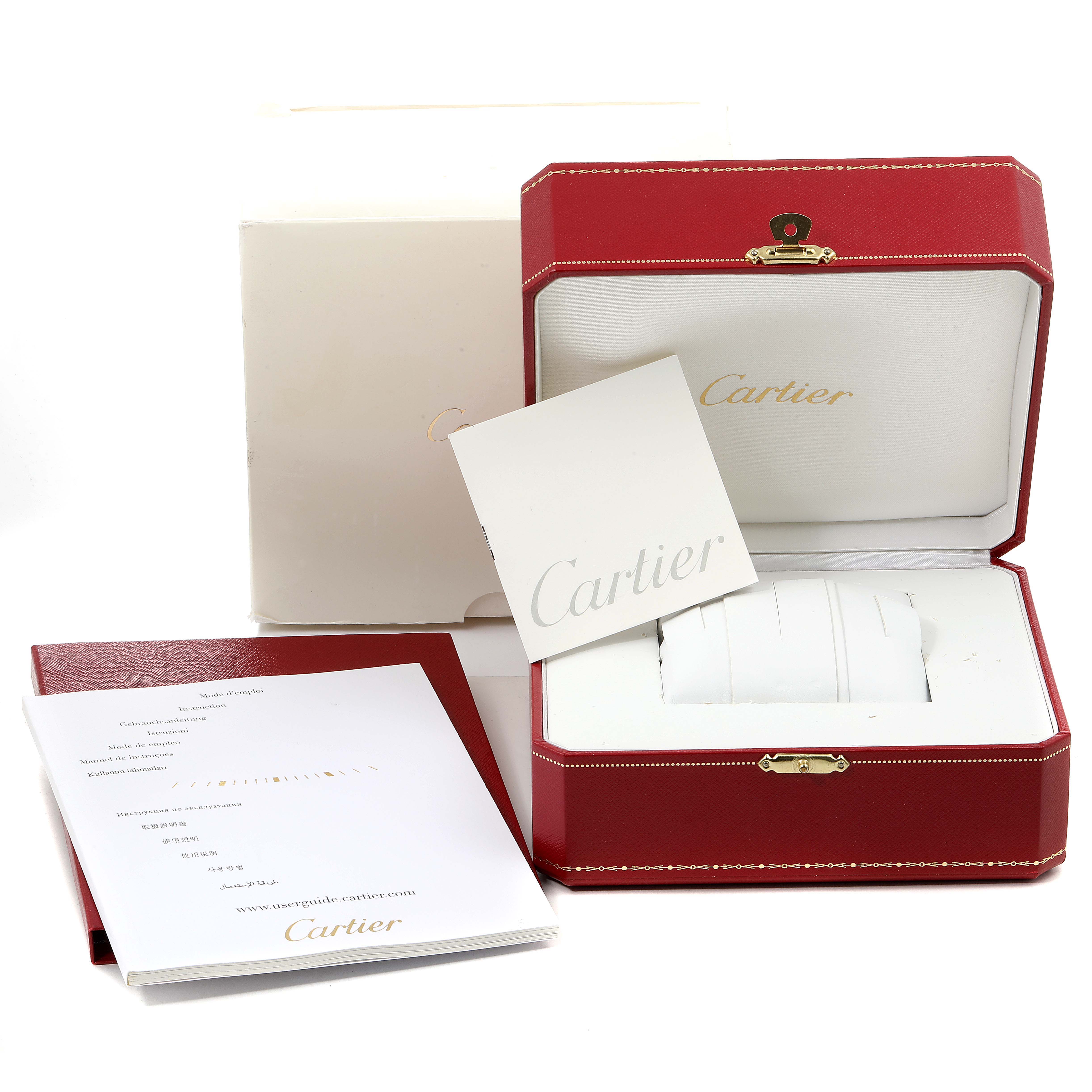 The image shows the packaging, paperwork, and the watch cushion for the Cartier Pasha W31018H3 Men's Stainless Steel Silver Dial W31018H3 Men's Stainless Steel Silver Dial watch.