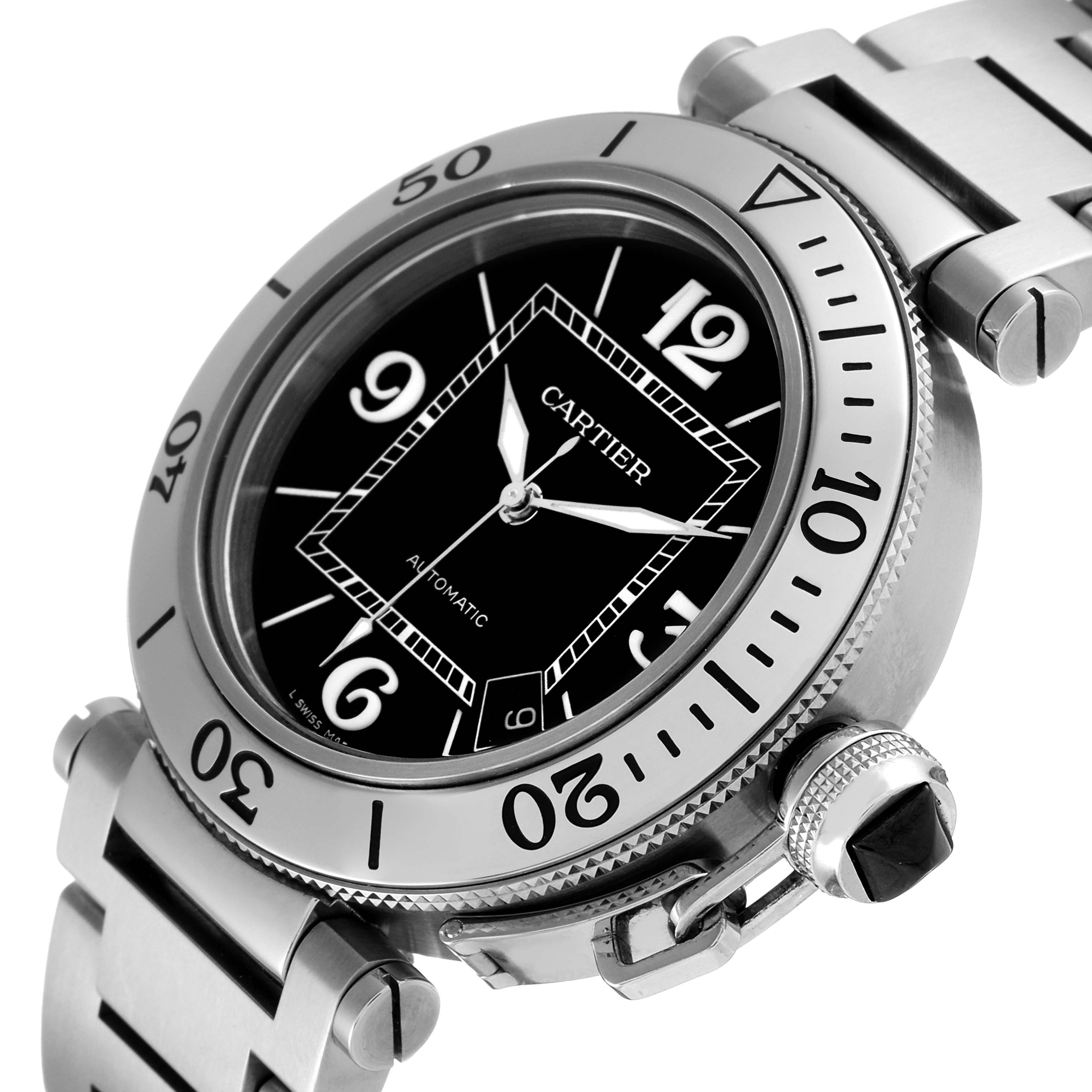 The image shows a close-up angle of the Cartier Pasha W31077M7 Men's Stainless Steel Black Dial W31077M7 Men's Stainless Steel Black Dial watch, highlighting the dial, bezel, crown, and bracelet.