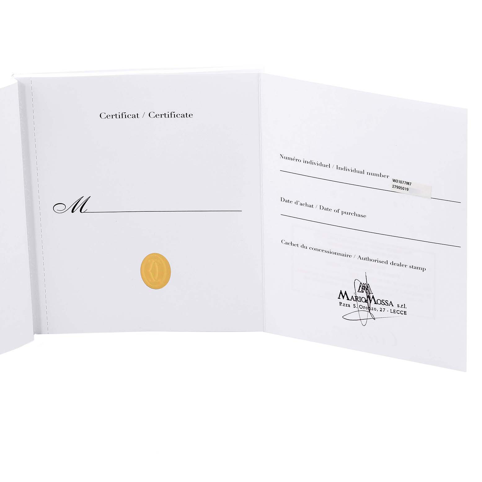This image shows the warranty and certificate card for the Cartier Pasha W31077M7 Men's Stainless Steel Black Dial W31077M7 Men's Stainless Steel Black Dial model watch.