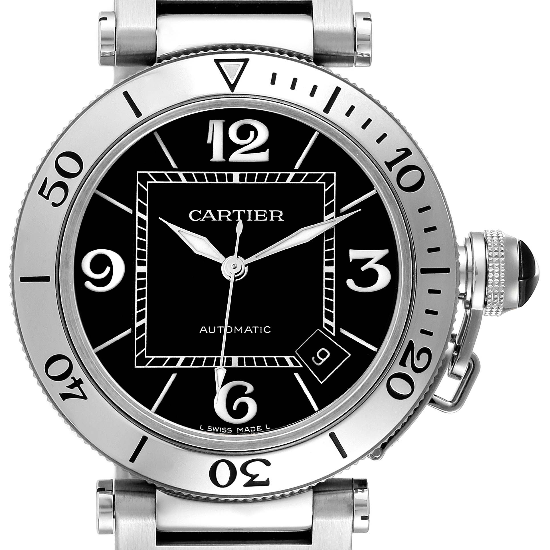 The Cartier Pasha W31077M7 Men's Stainless Steel Black Dial W31077M7 Men's Stainless Steel Black Dial watch is shown from a front angle, displaying the face, bezel, and part of the bracelet.