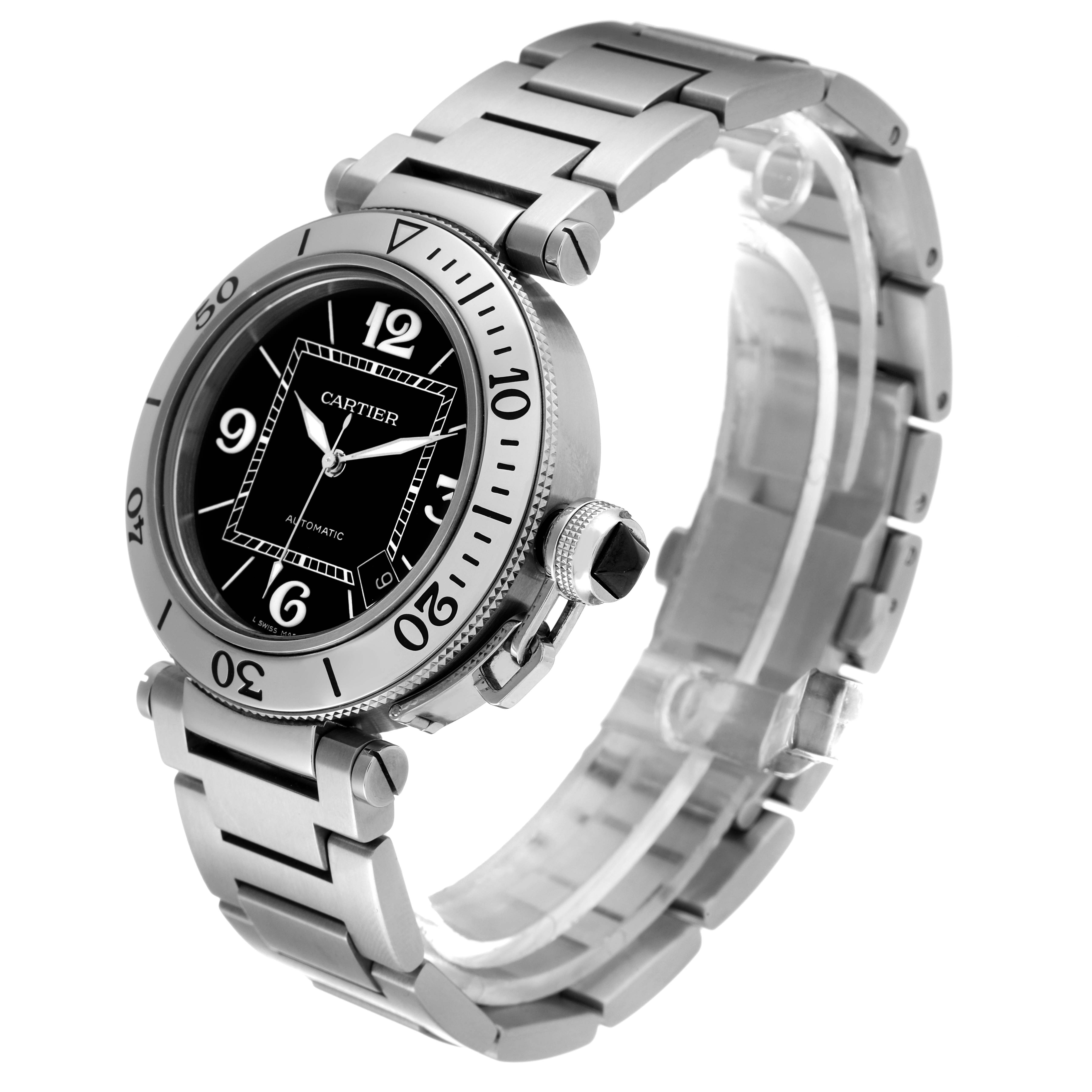 The Cartier Pasha W31077M7 Men's Stainless Steel Black Dial W31077M7 Men's Stainless Steel Black Dial watch is shown at a three-quarter angle, highlighting its bezel, dial, crown, and bracelet.