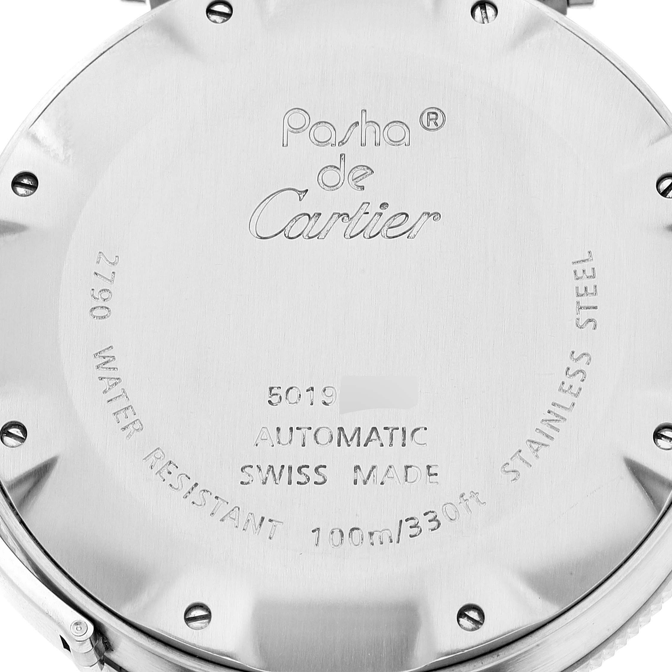 This image shows the back case of a Cartier Pasha W31077M7 Men's Stainless Steel Black Dial W31077M7 Men's Stainless Steel Black Dial watch, highlighting its engravings and specifications.