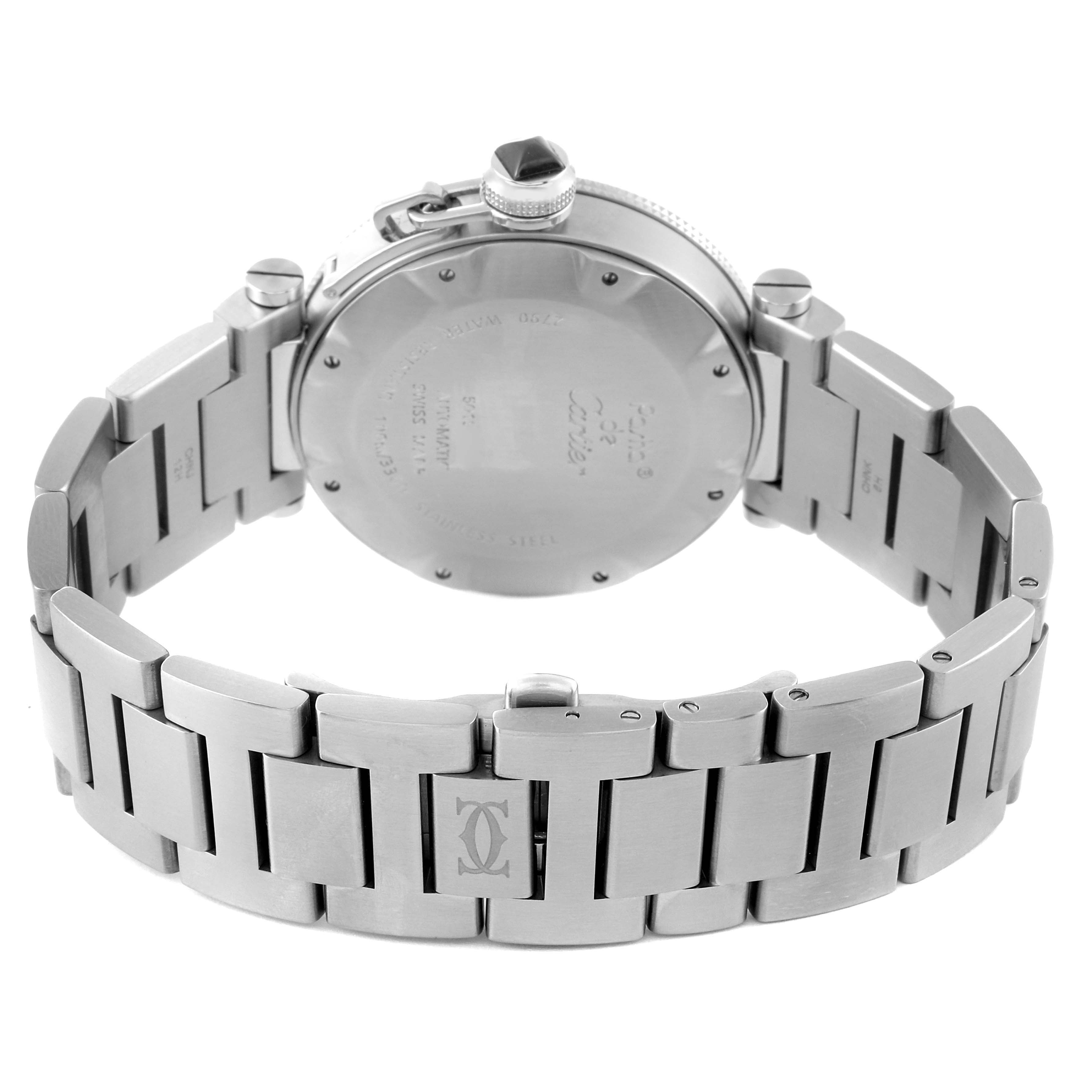 The image shows the back view of a Cartier Pasha W31077M7 Men's Stainless Steel Black Dial W31077M7 Men's Stainless Steel Black Dial watch, highlighting the case back and the stainless steel bracelet.