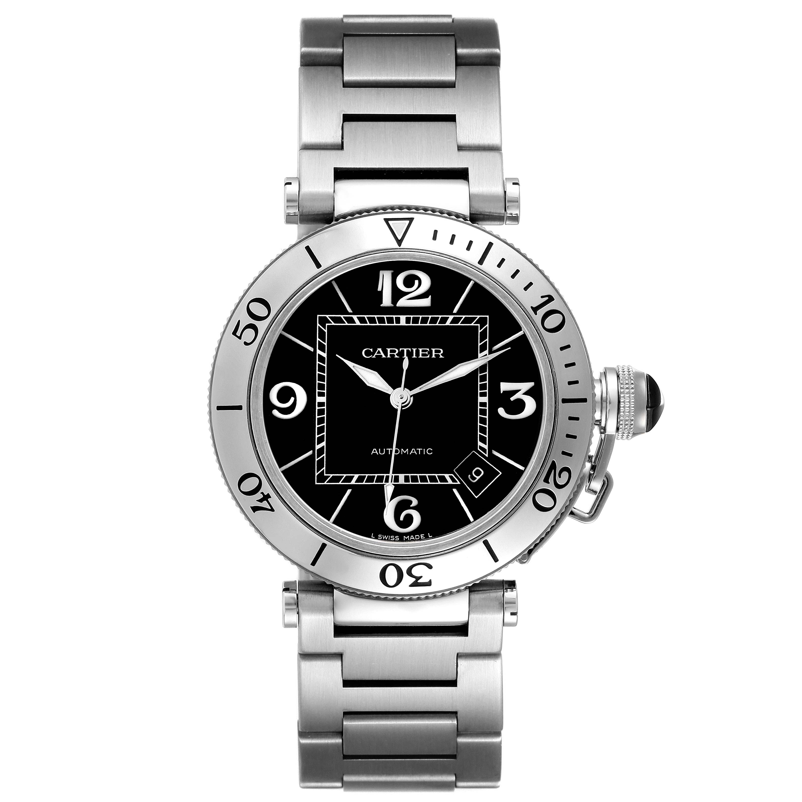 The image shows a frontal view of a Cartier Pasha W31077M7 Men's Stainless Steel Black Dial W31077M7 Men's Stainless Steel Black Dial model watch, showcasing its dial, bezel, and bracelet.