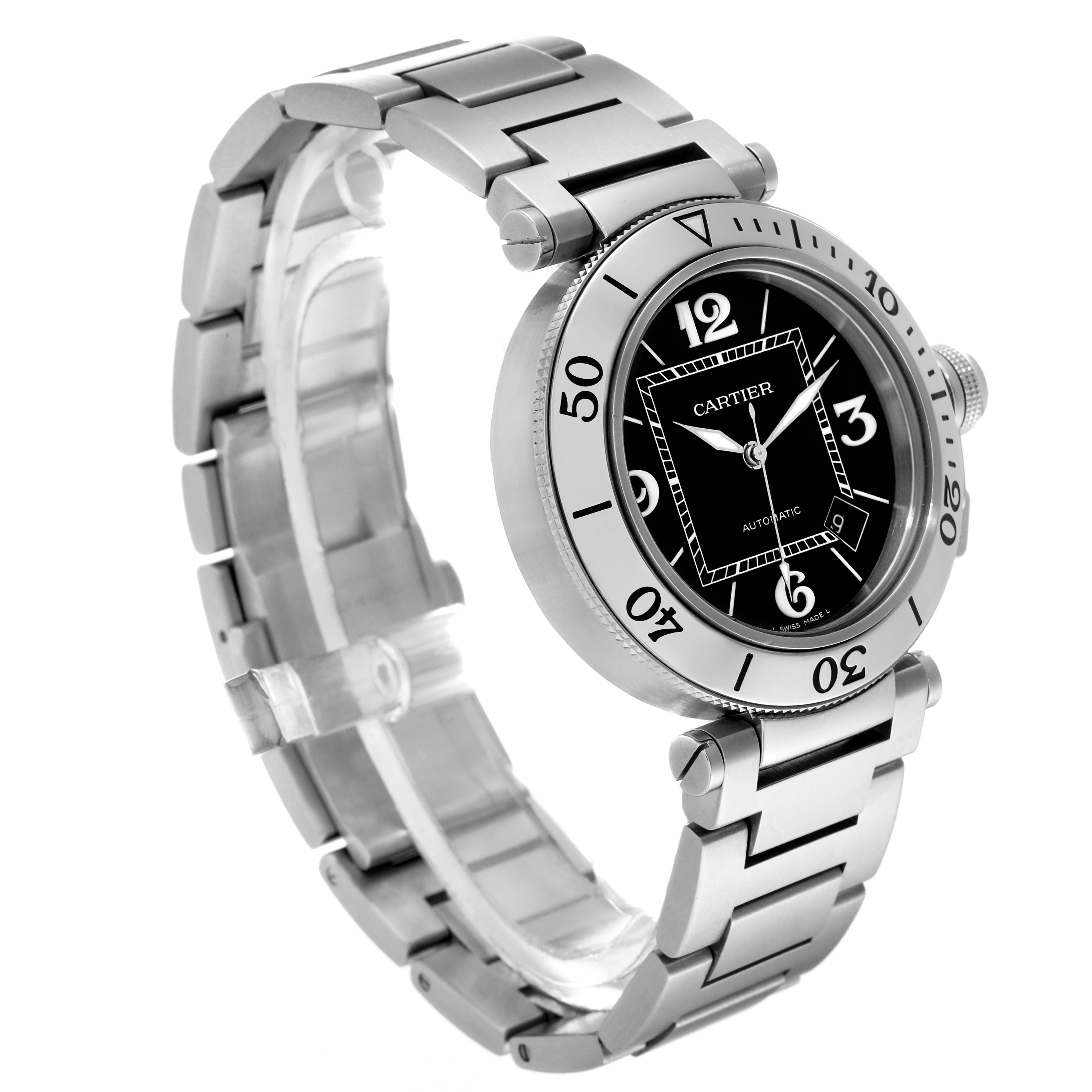 This image shows a Cartier Pasha W31077M7 Men's Stainless Steel Black Dial W31077M7 Men's Stainless Steel Black Dial model watch from an angled side view, highlighting the stainless steel band and watch face.