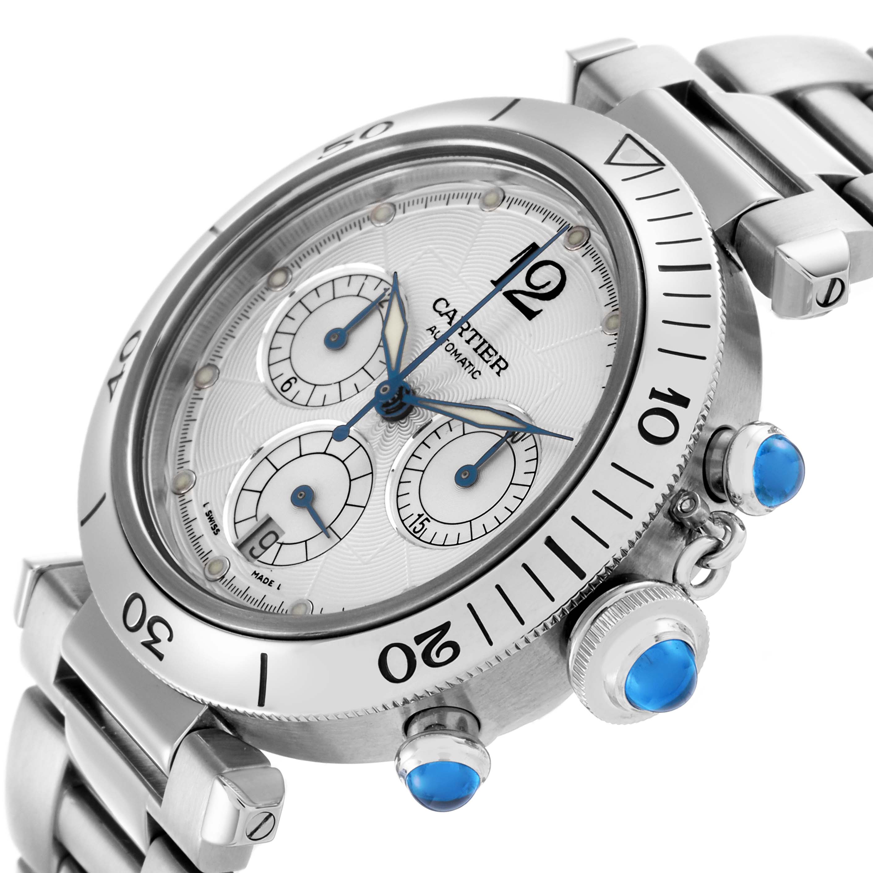 The Cartier Pasha W31030H3 Men's Stainless Steel Silver Dial W31030H3 Men's Stainless Steel Silver Dial watch is shown at a slight angle, highlighting its face, bezel with numerals, crown, pushers, and metal bracelet.