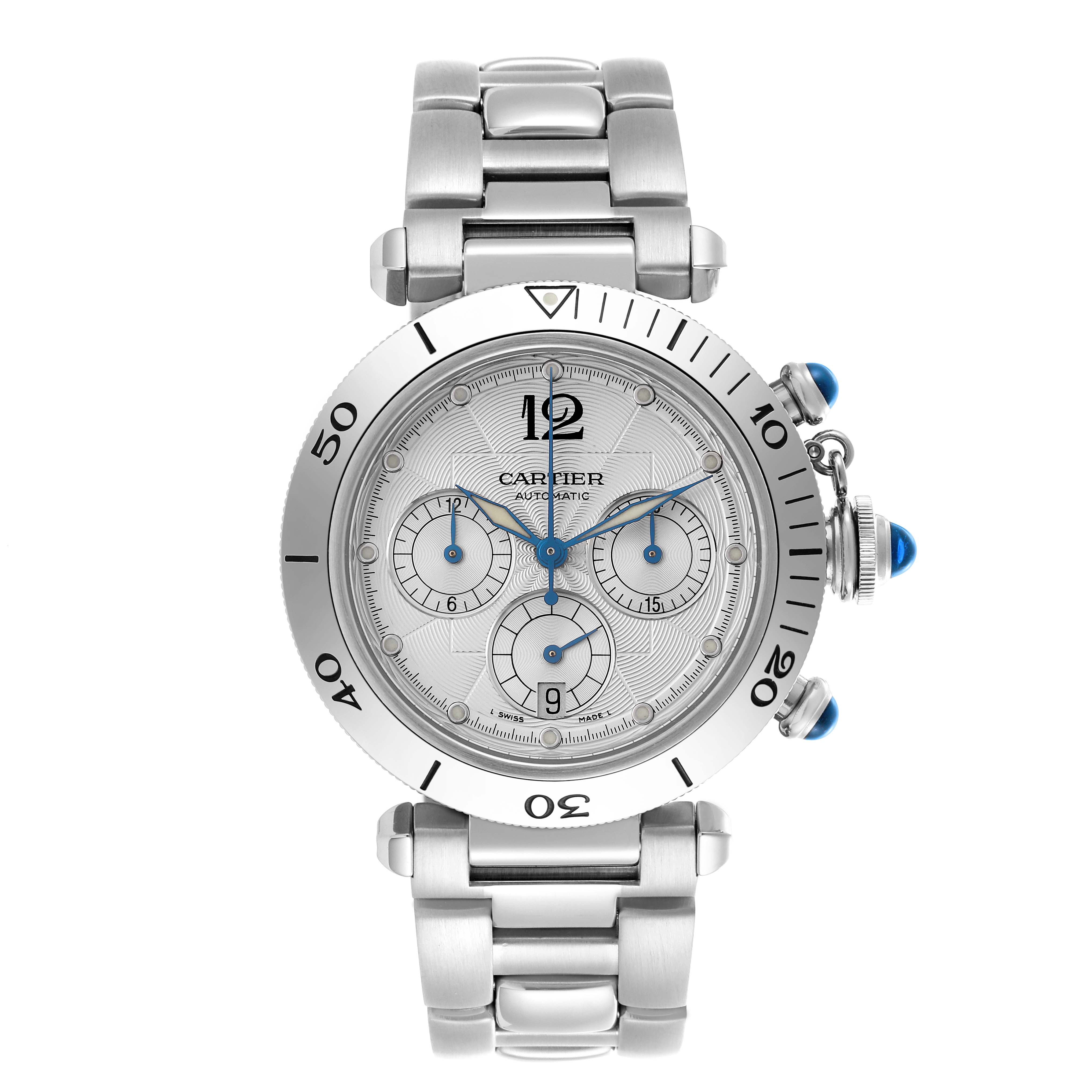 The Cartier Pasha W31030H3 Men's Stainless Steel Silver Dial W31030H3 Men's Stainless Steel Silver Dial watch is shown from a front angle, highlighting its round face, bezel, bracelet, and crown with blue cabochons.
