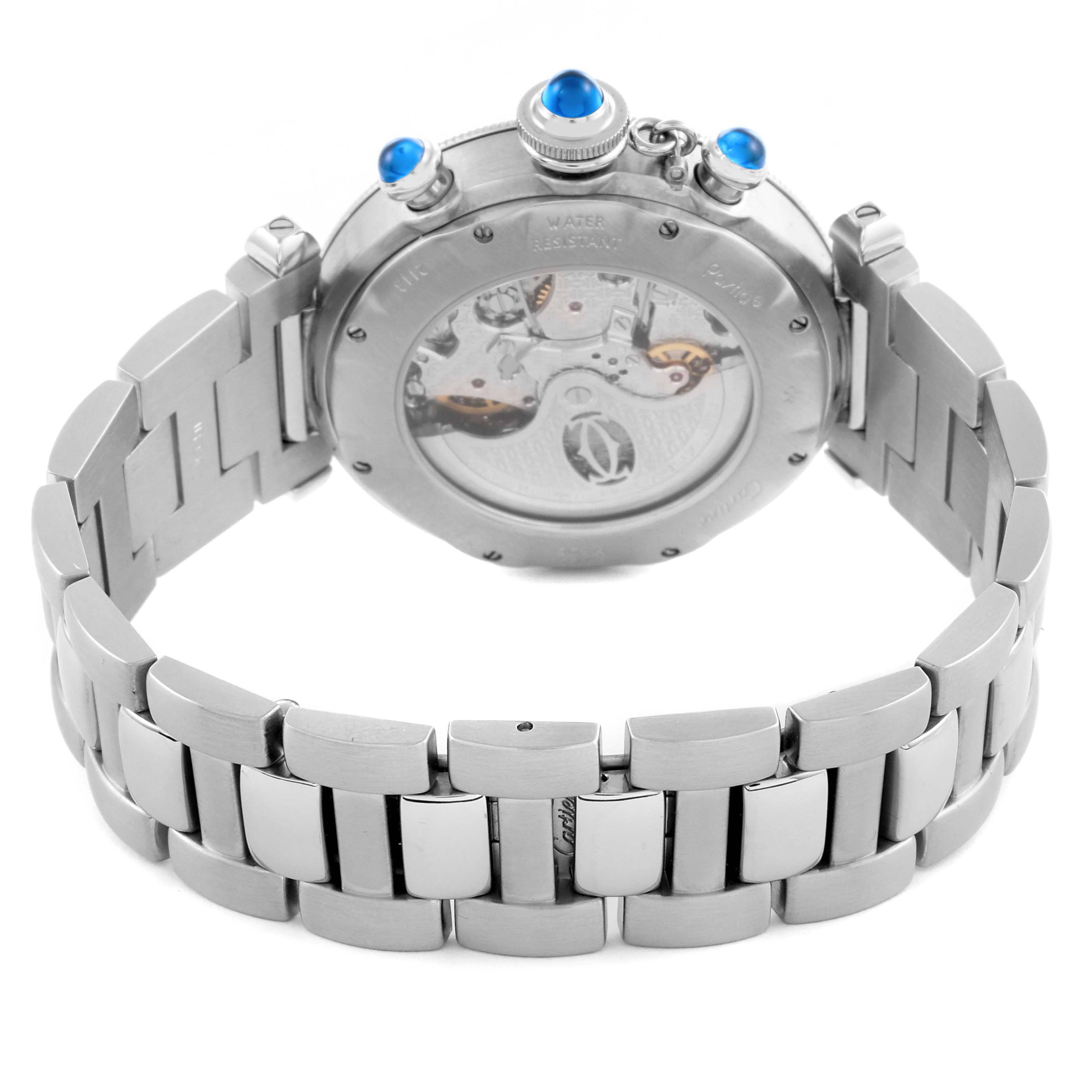 The Cartier Pasha W31030H3 Men's Stainless Steel Silver Dial W31030H3 Men's Stainless Steel Silver Dial watch is shown from the back, highlighting its exhibition case back and stainless steel bracelet.