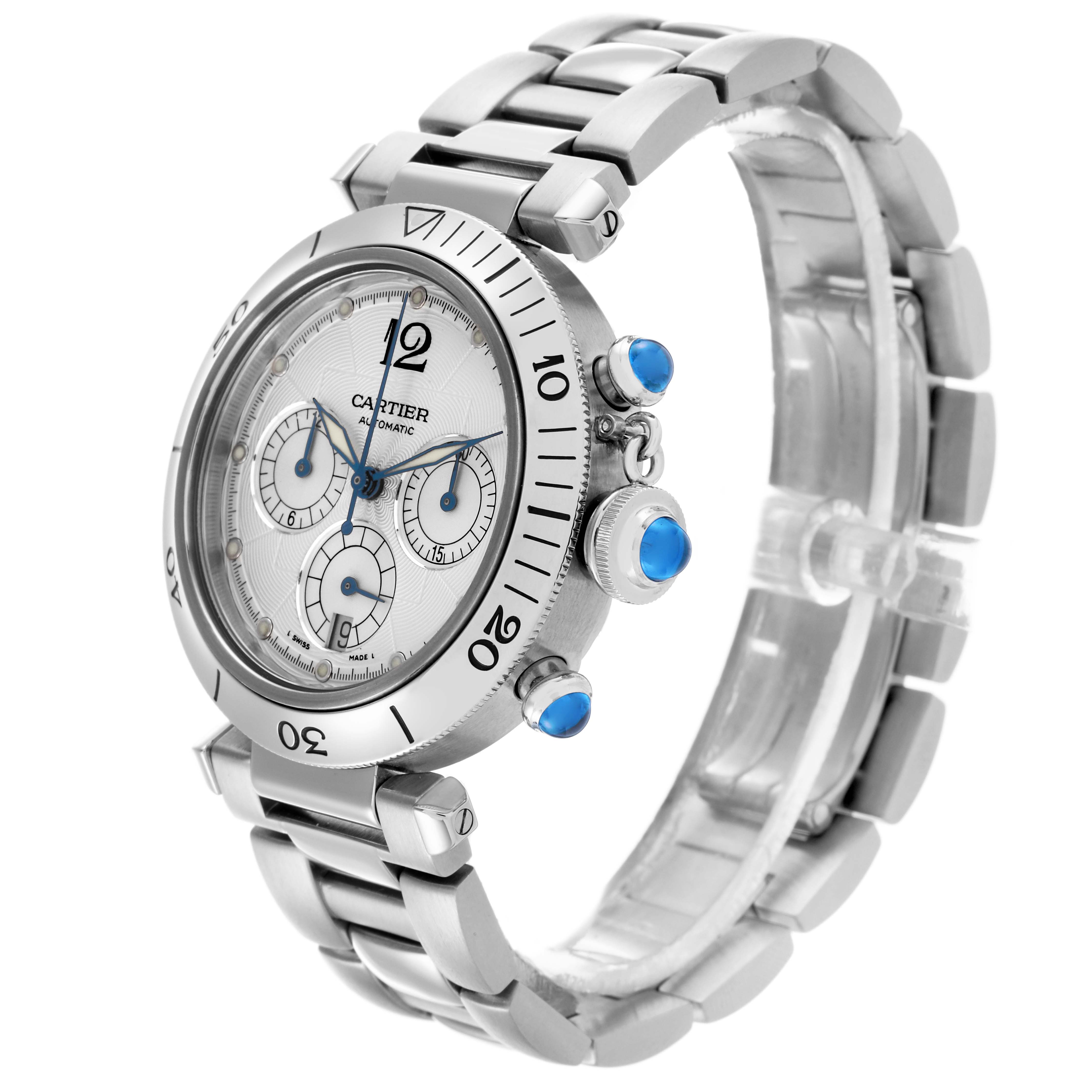 The Cartier Pasha W31030H3 Men's Stainless Steel Silver Dial W31030H3 Men's Stainless Steel Silver Dial watch is shown at a three-quarter angle, displaying its dial, bezel, crown, and metal bracelet.